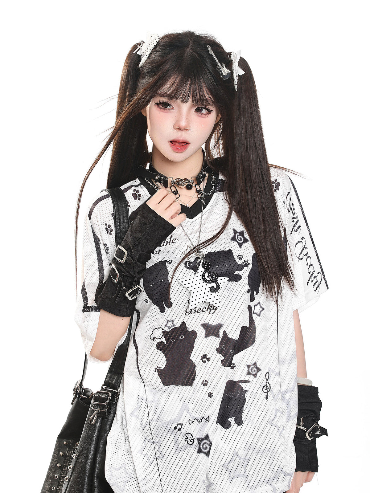 Cartoon Cat V-Neck Oversized Tee