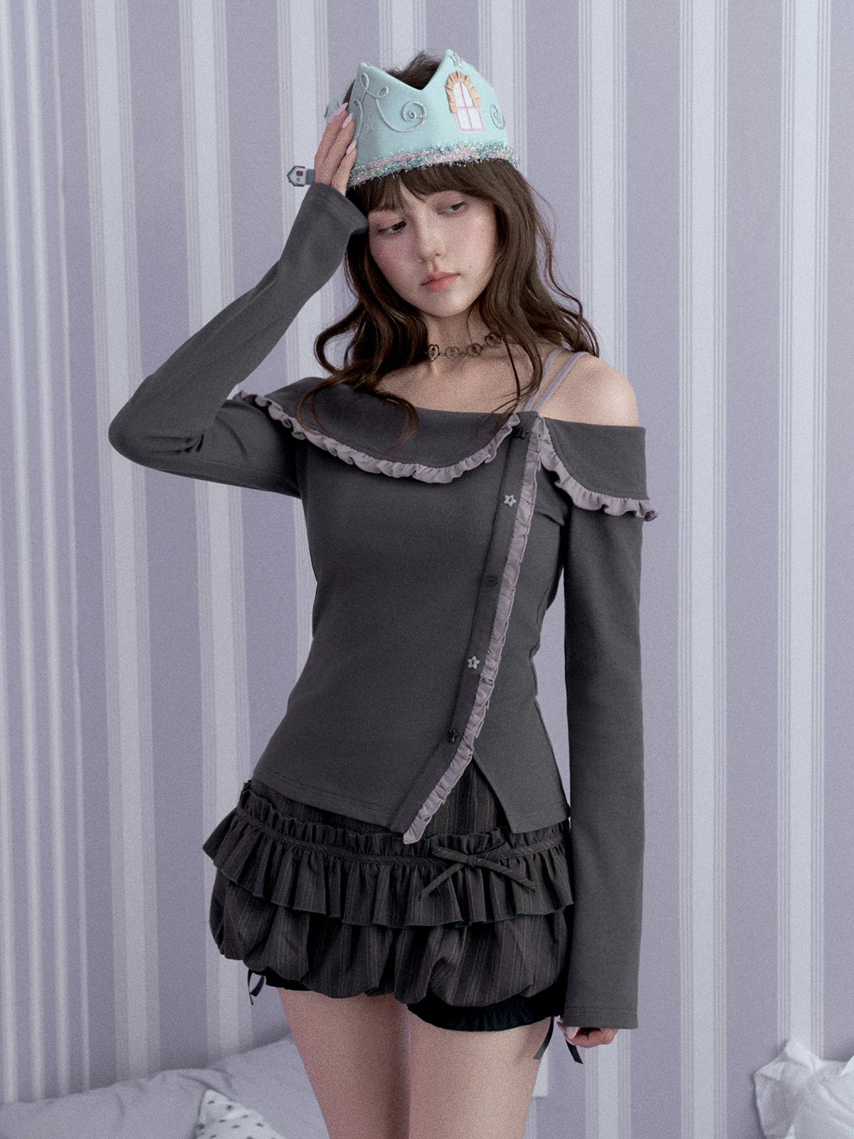 Double-Waist Pinstripe Ruffle Bubble-Hem Skort