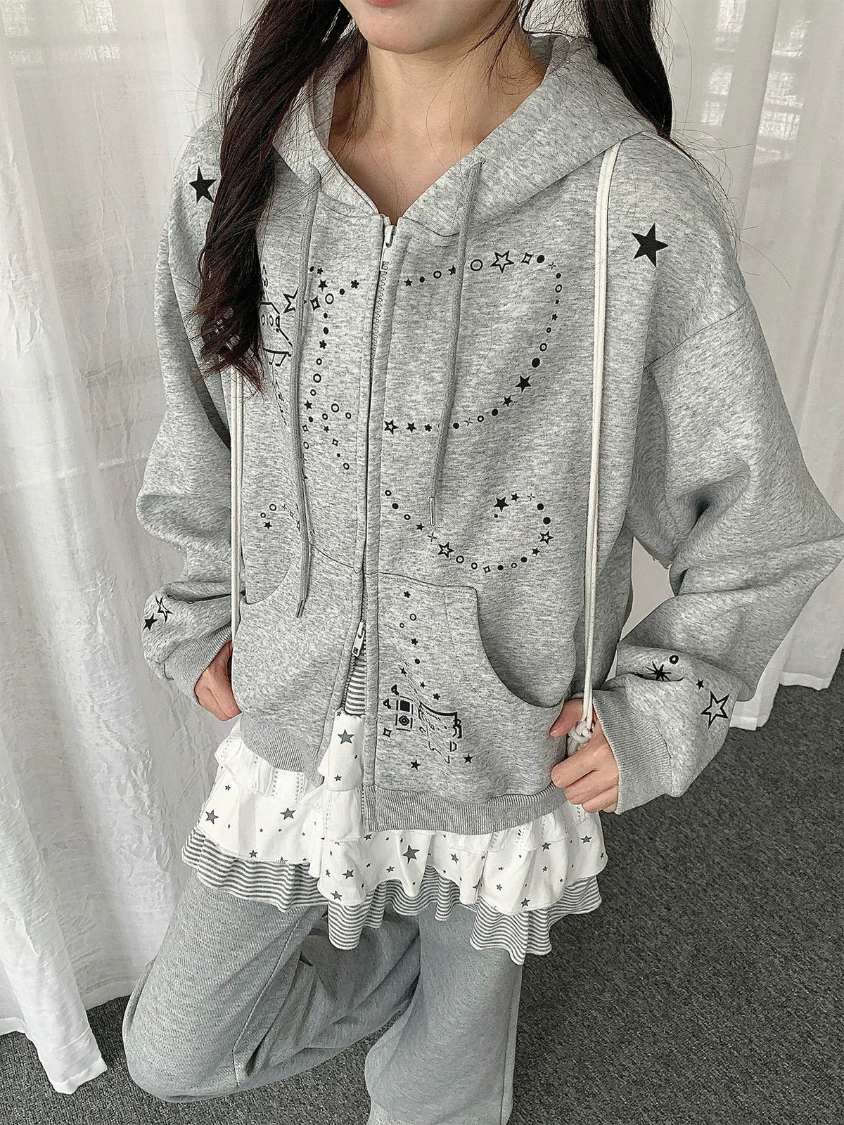 Bunny-Ear Star Doodle Zip-Up Hoodie