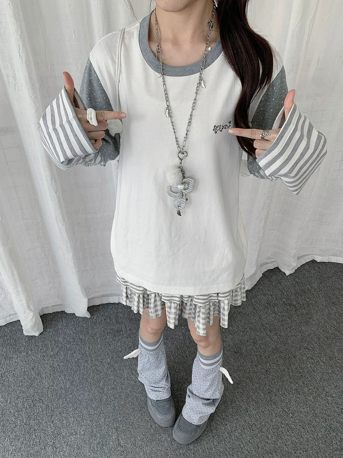 Ivory Polka Dot Stripe Faux-Layer Long Sleeve Top