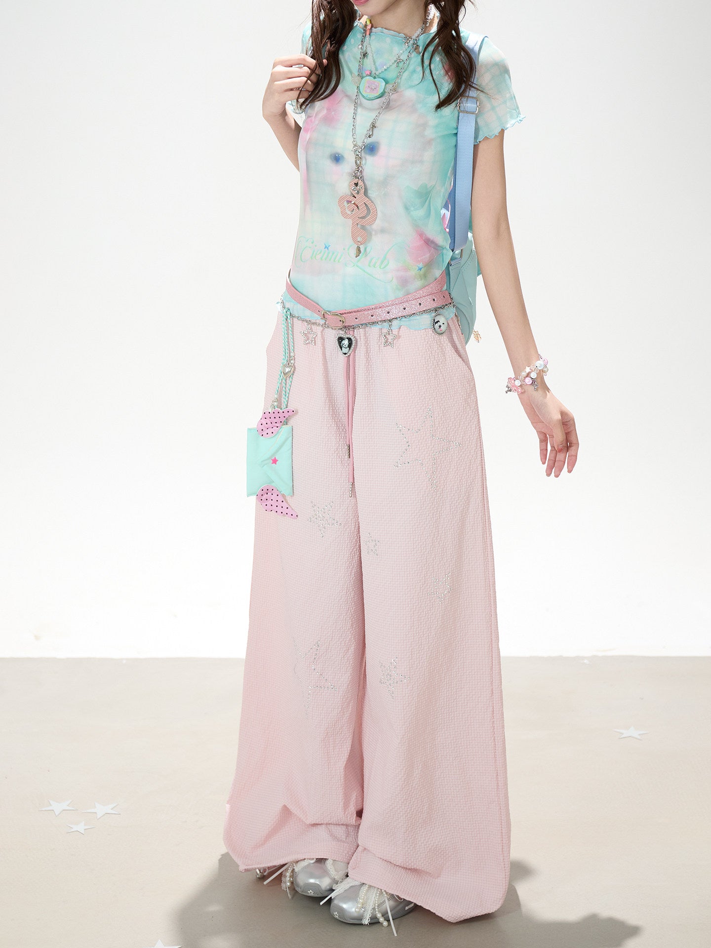 Pastel Cat Mesh Tee & Pink Star Wide-Leg Pants