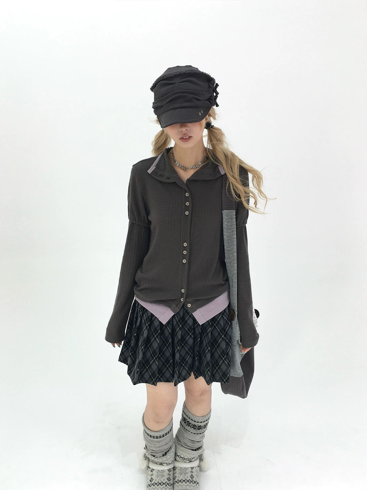 Charcoal Plaid Pleated A-Line Mini Skirt