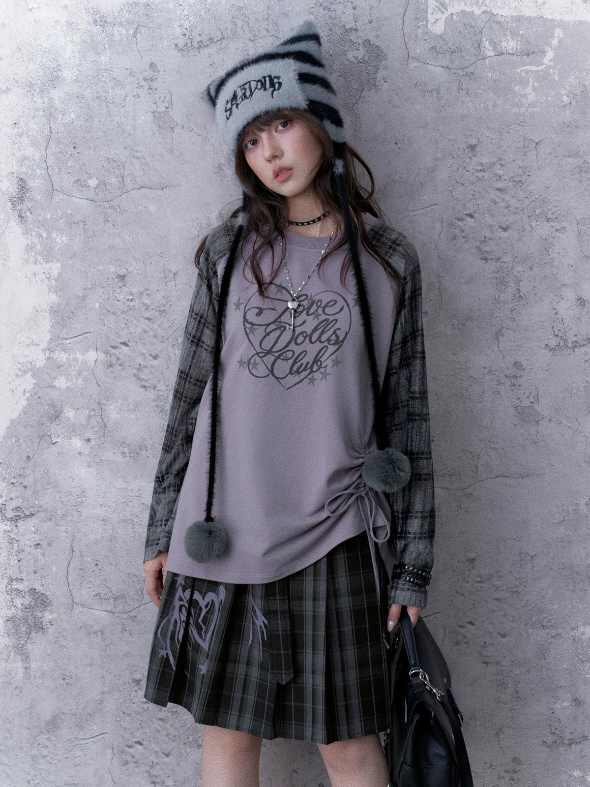 Double-Waist Graphic Plaid Pleated Midi Skirt