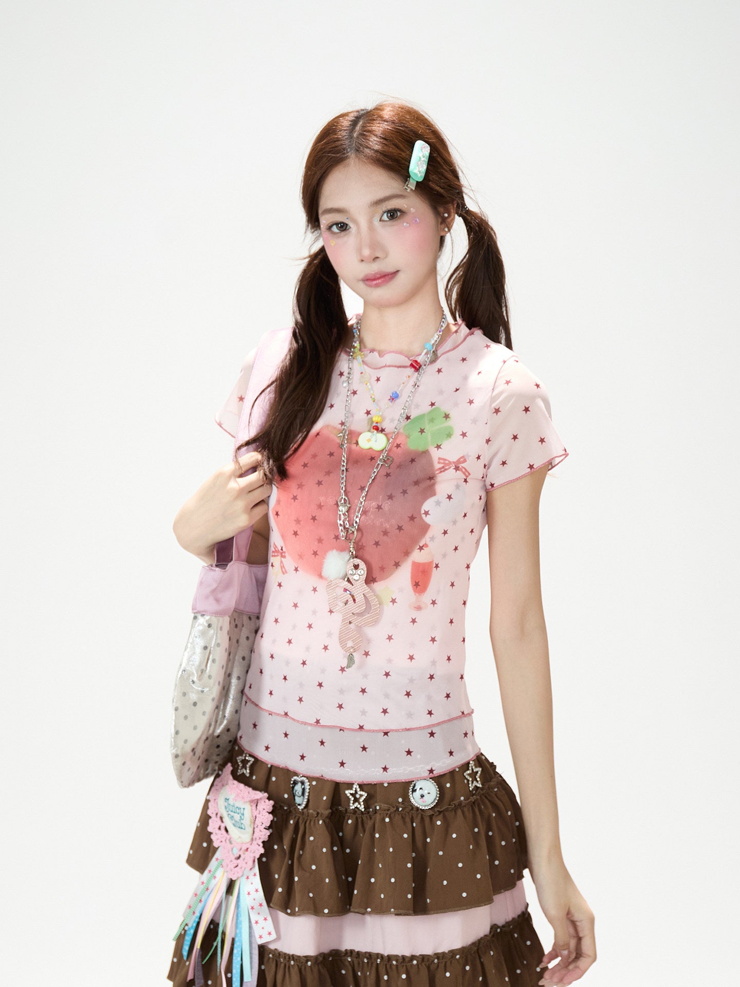 Star Mesh Baby Tee & White Wide-Leg Pants