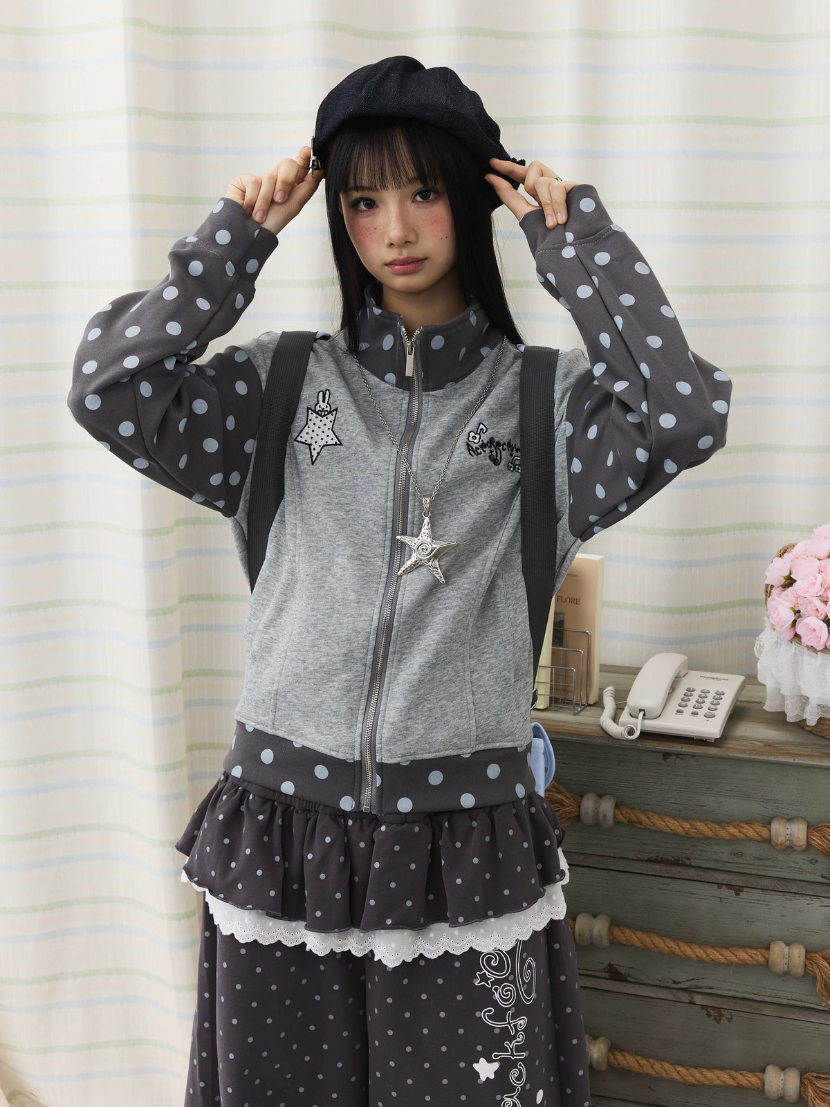 Polka Dot Contrast Embroidered Zip-Up Jacket