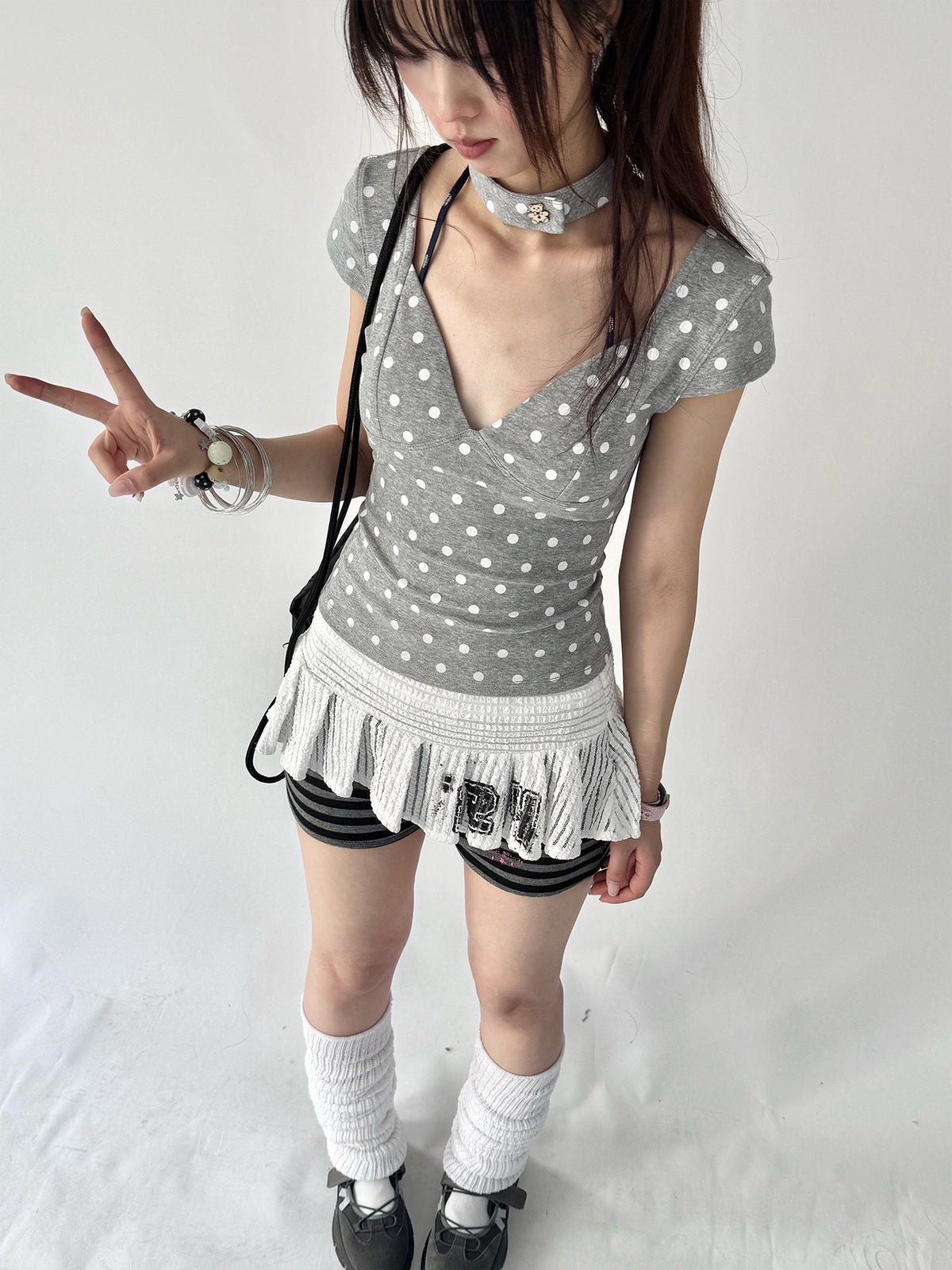 Polka Dot V-Neck Fitted Tee with Choker