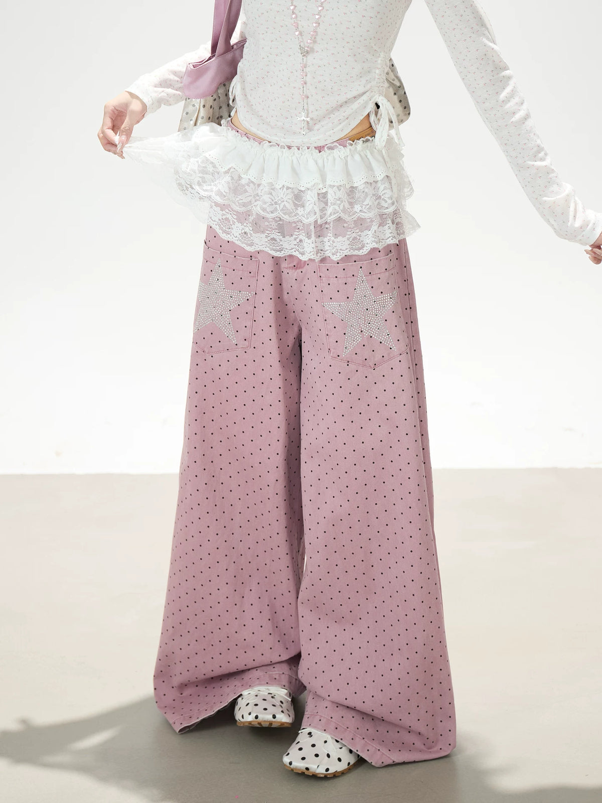 Star Rhinestone Polka Dot Wide-Leg Jeans