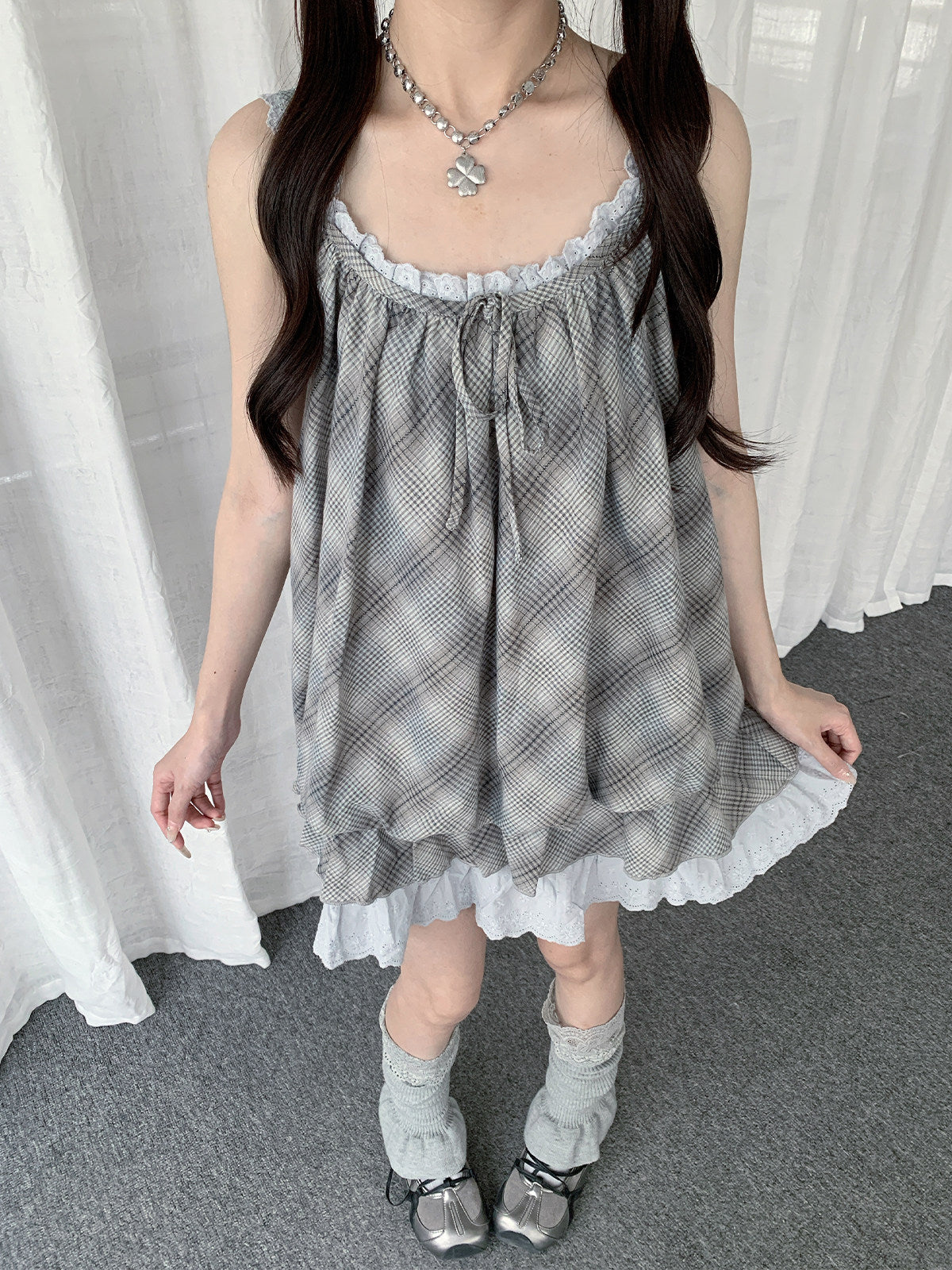 Dusty Blue Plaid Lace Bubble Dress Three-Piece Set
