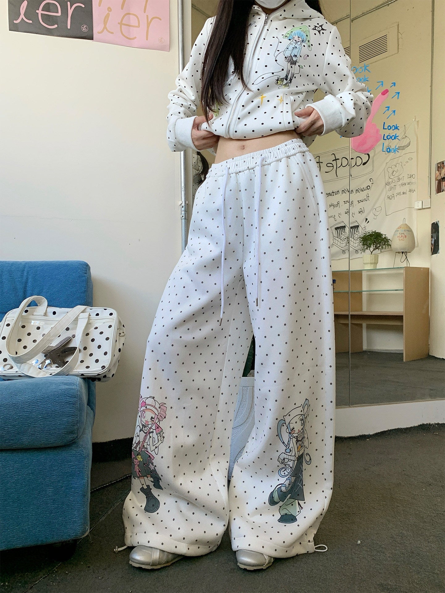 Polka Dot Girl Graphic Wide-Leg Sweatpants