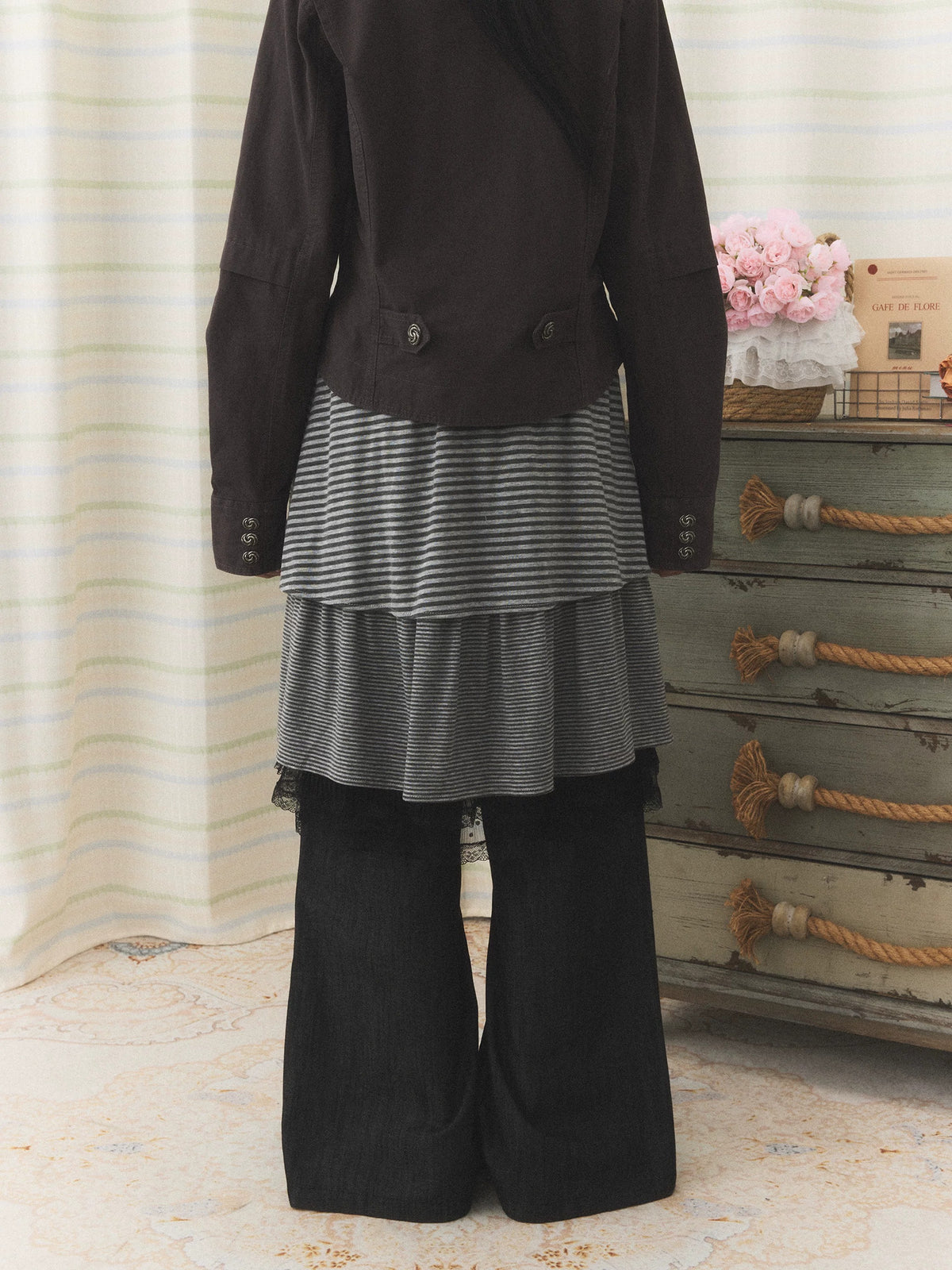 Striped Layered Skirt Wide-Leg Pants