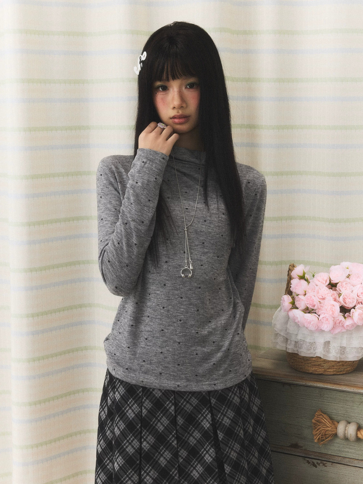 Polka Dot Mock-Neck Long Sleeve Top