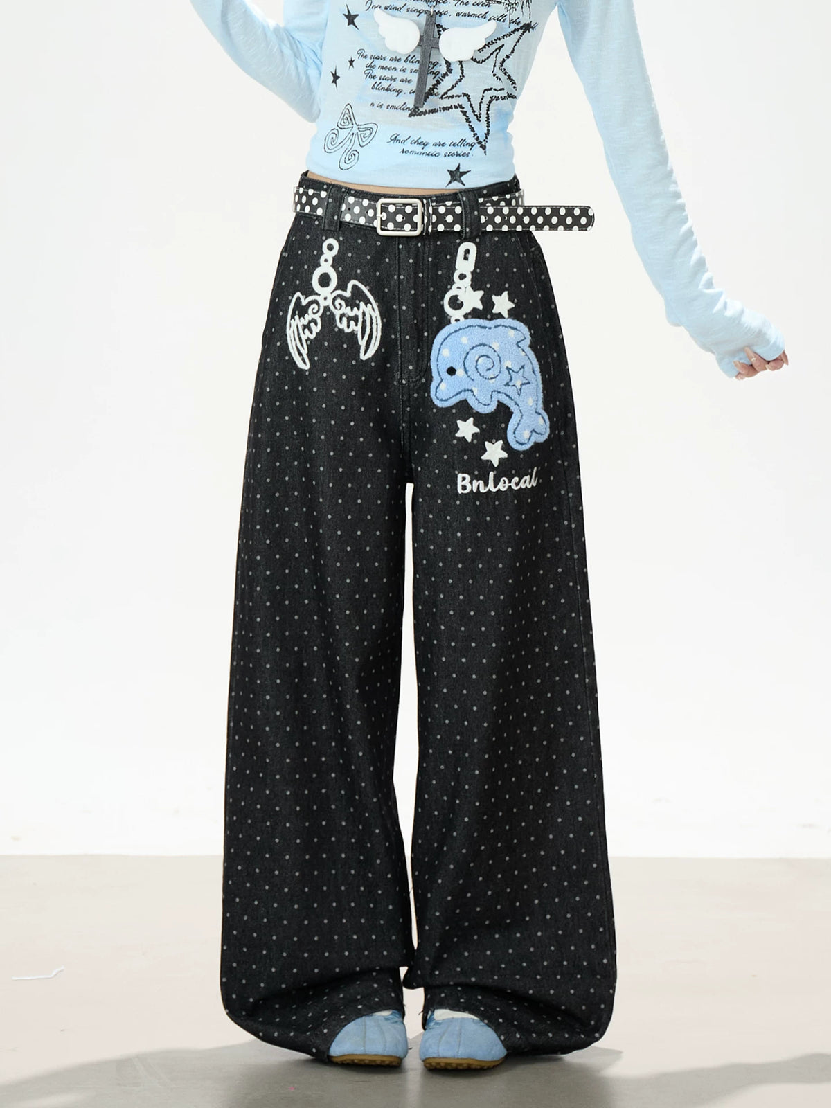 Dolphin Embroidered Polka Dot Wide-Leg Jeans