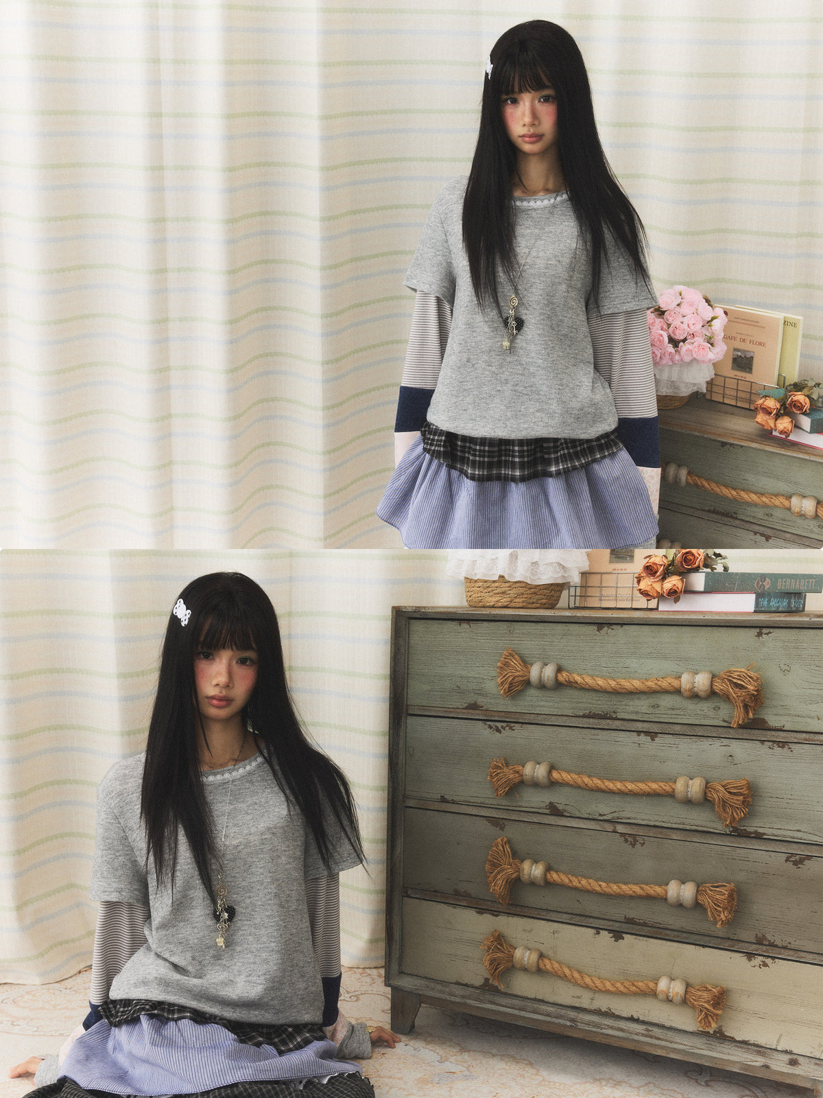 Gray Patchwork Layered Long Sleeve Top
