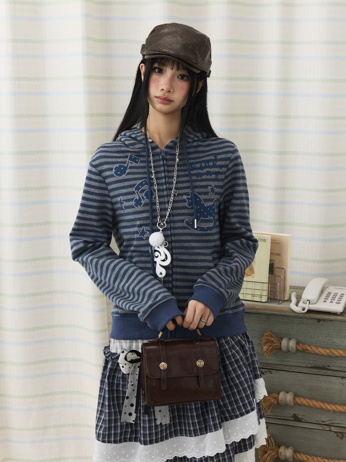 Striped Rocking Horse Embroidered Zip-Up Hoodie