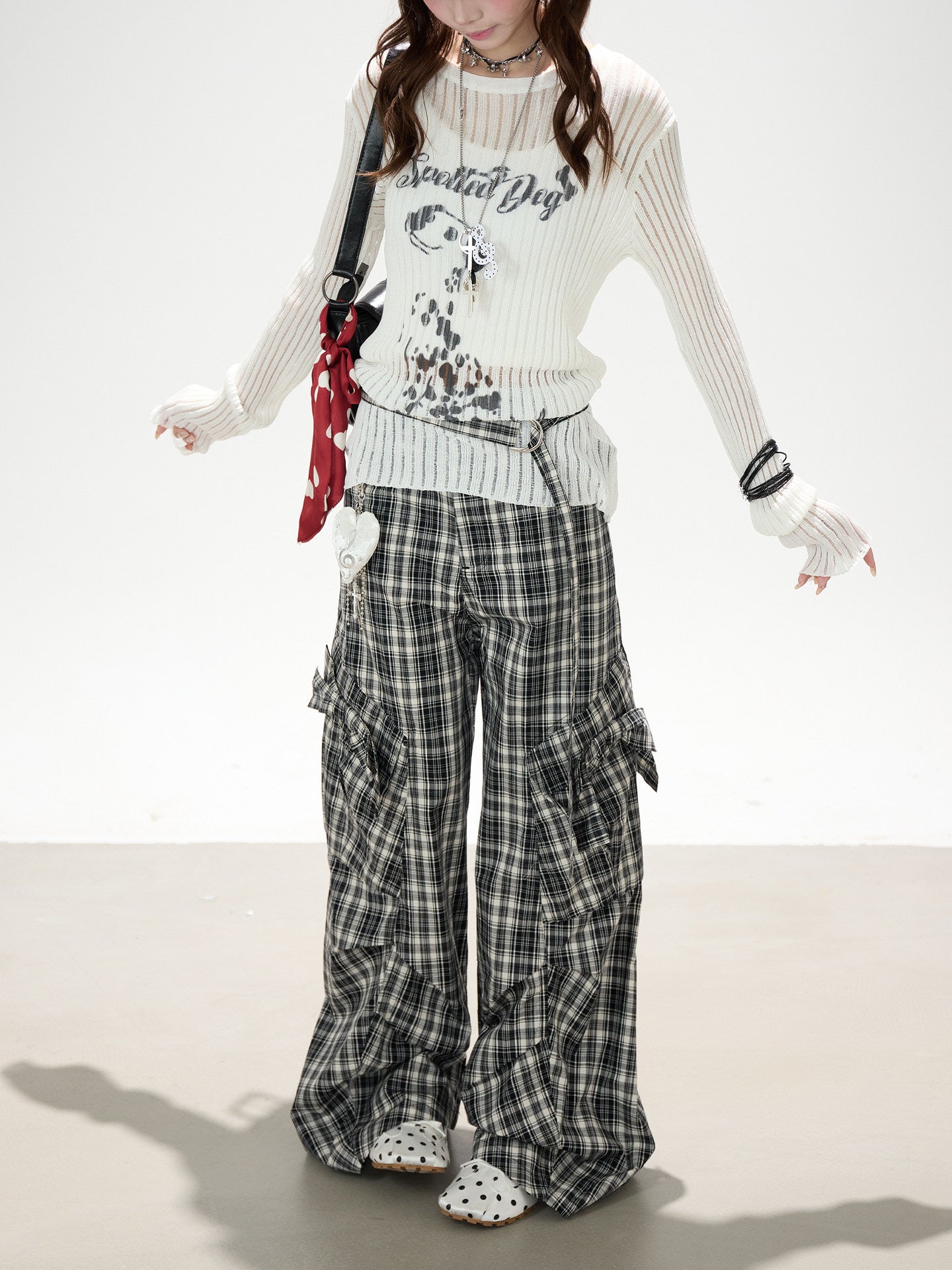 Dalmatian Sheer Knit Top & Black Plaid Ruffle Pants