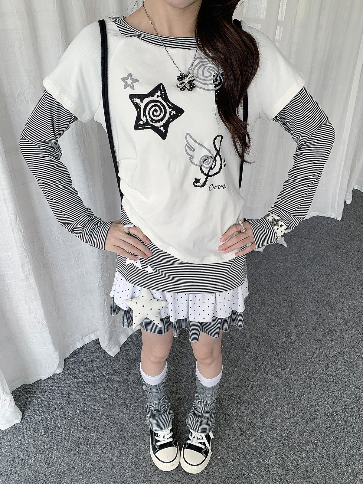 Music Star Faux-Layered Long Sleeve Top