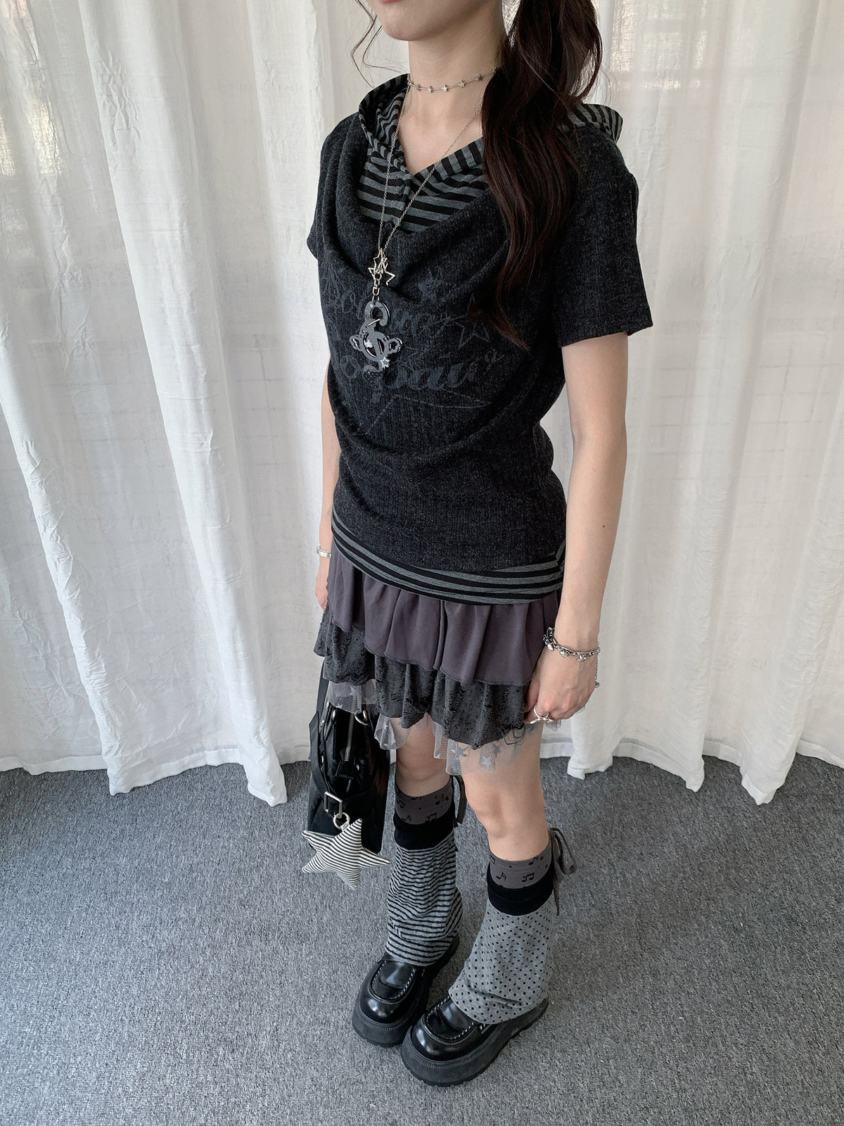 Charcoal Stripe-Layer Hooded Short Sleeve Top