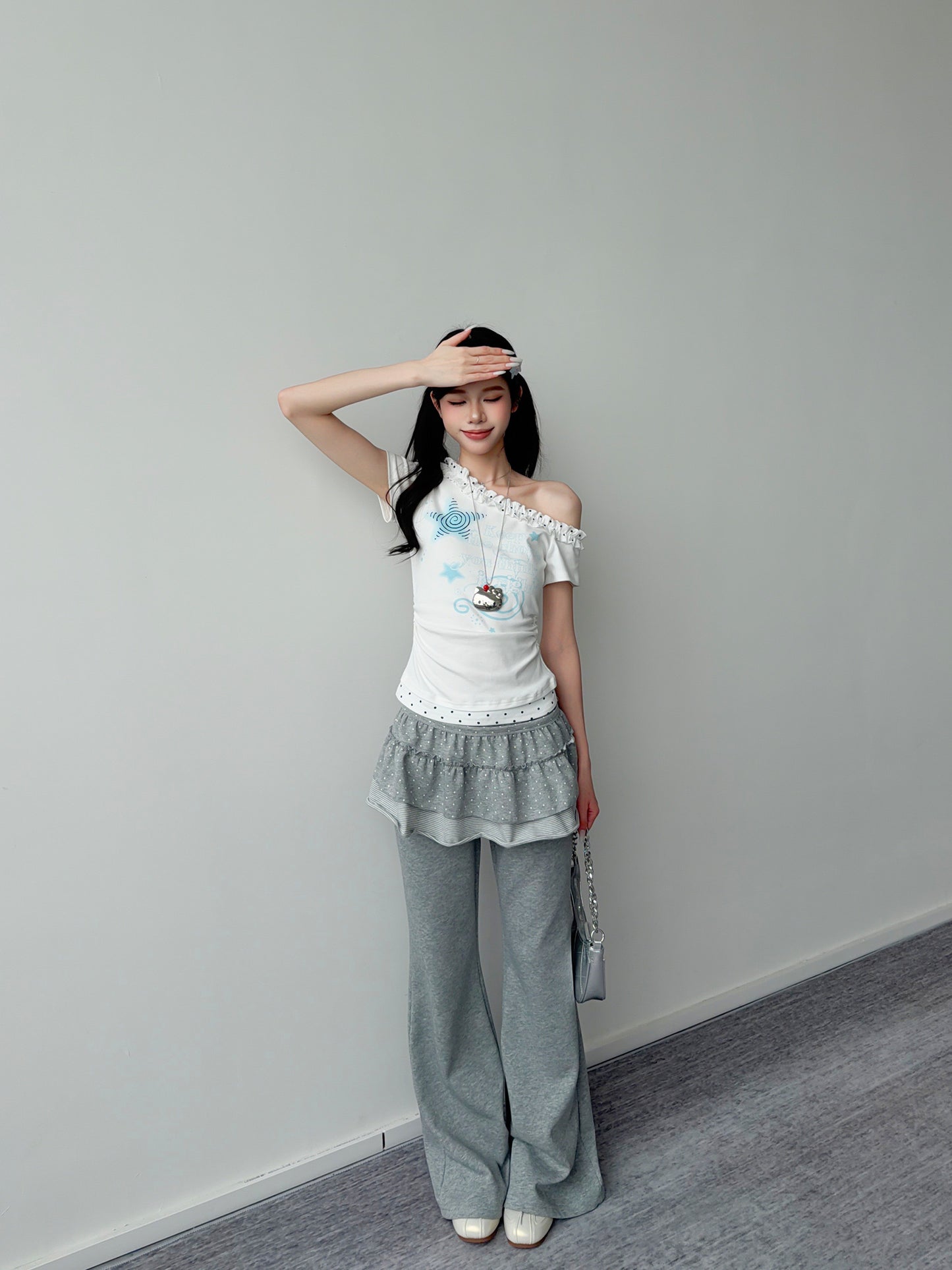 Blue Star Polka Dot Ruffle One-Shoulder Tee