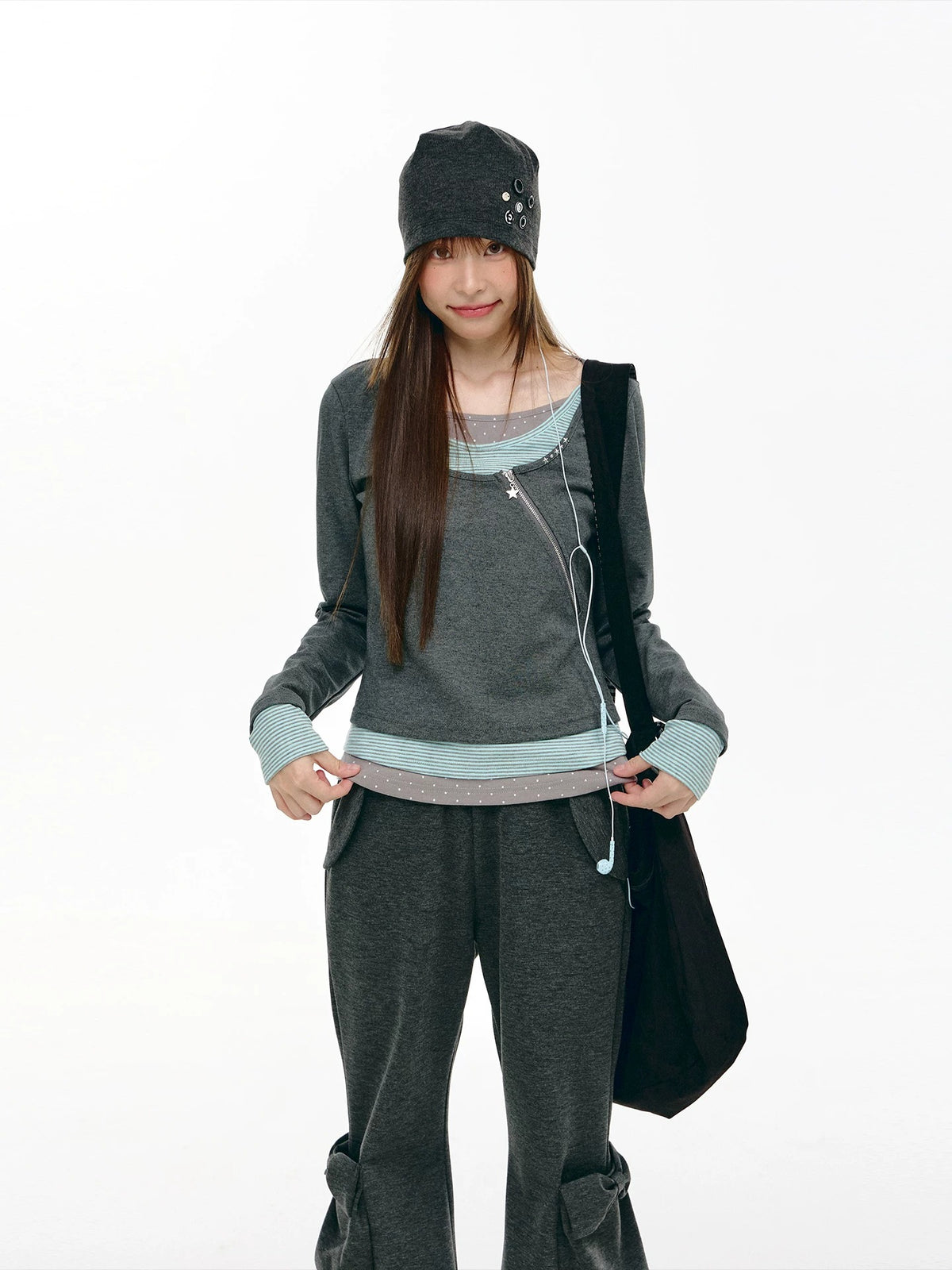 Diagonal Zip Faux-Layer Long Sleeve Top
