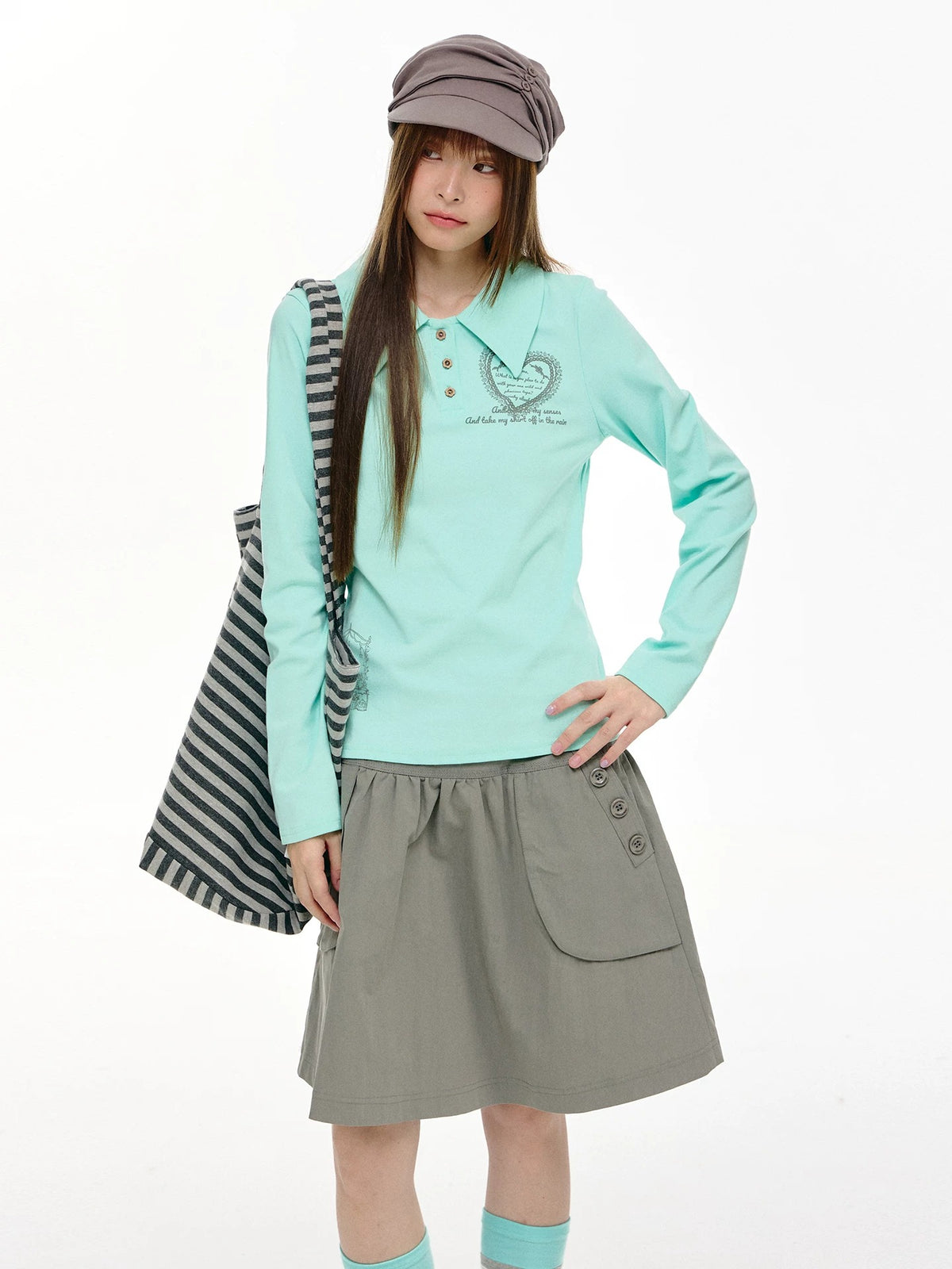 Mint Heart Graphic Long Sleeve Polo Top