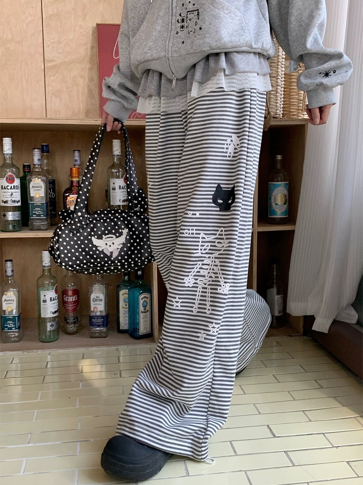 Cartoon Cat Stripe Drawstring Wide-Leg Sweatpants