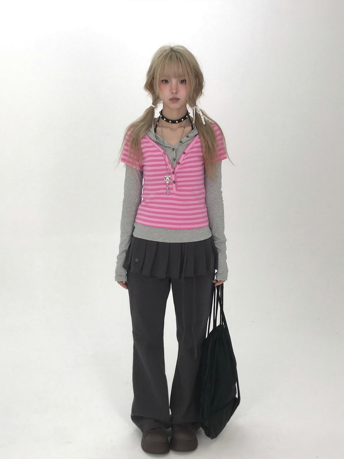 Striped Faux-Layered Hooded Long Sleeve Top