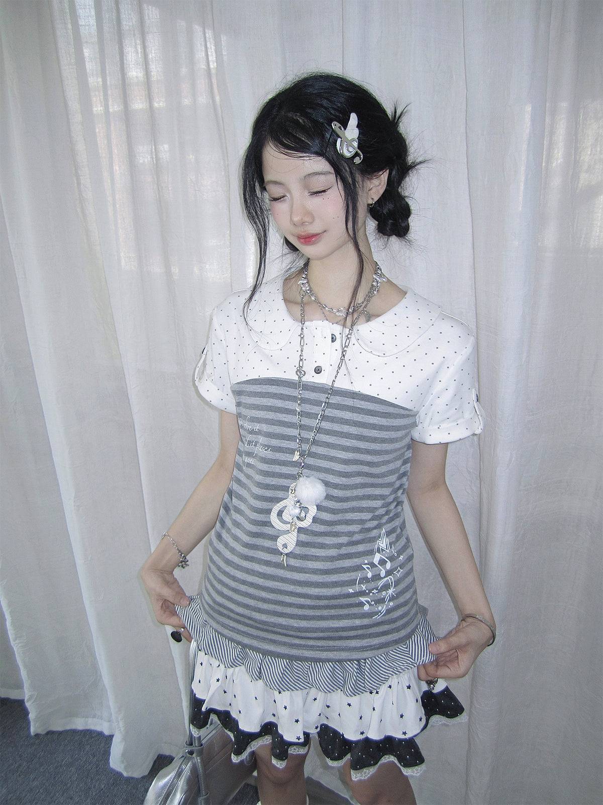 Gray Polka Dot Stripe Peter Pan Collar Top