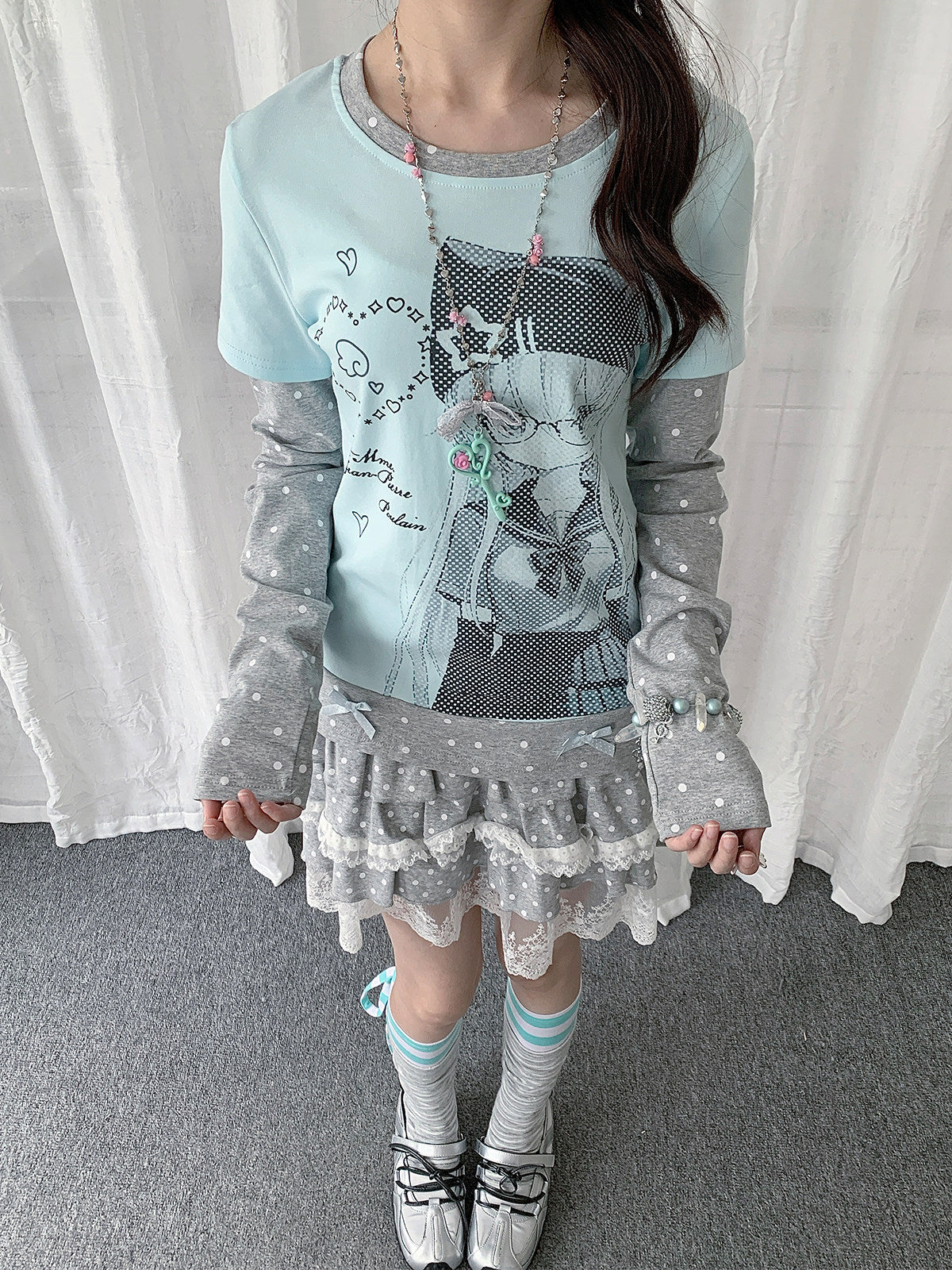 Polka Dot Faux-Layer Girl Graphic Long Sleeve Tee