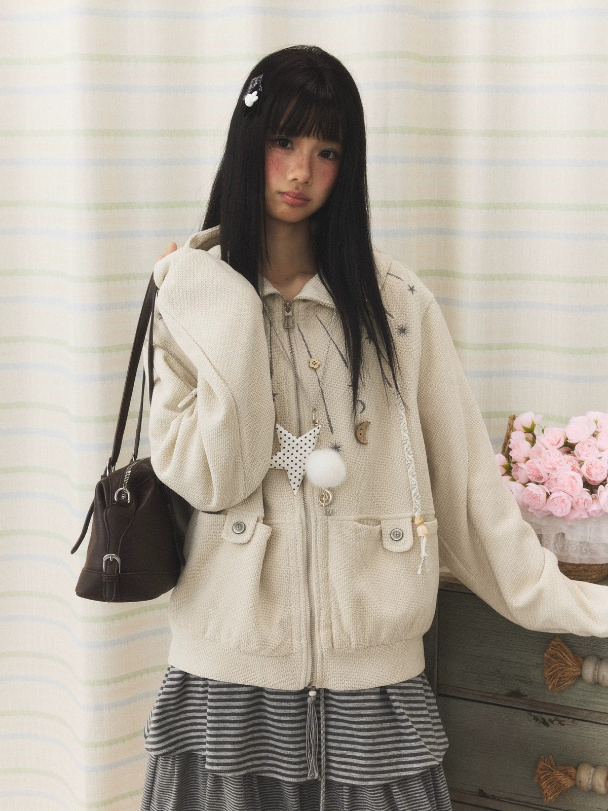 Star & Moon Embroidered Zip-Up Hoodie