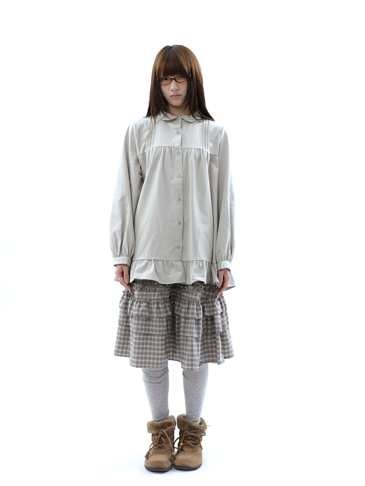 Pleated Ruffle Hem Button-Up Long Sleeve Blouse