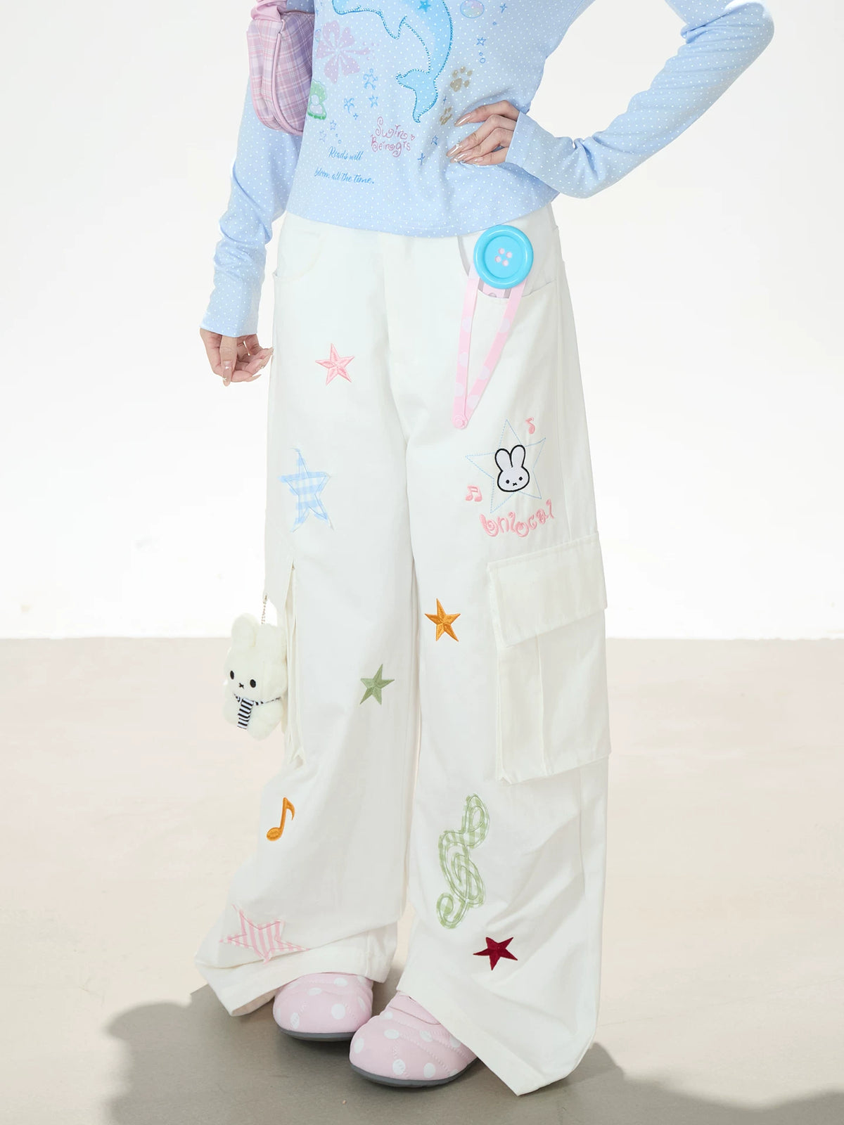 Cartoon Patch Embroidered Wide-Leg Cargo Pants