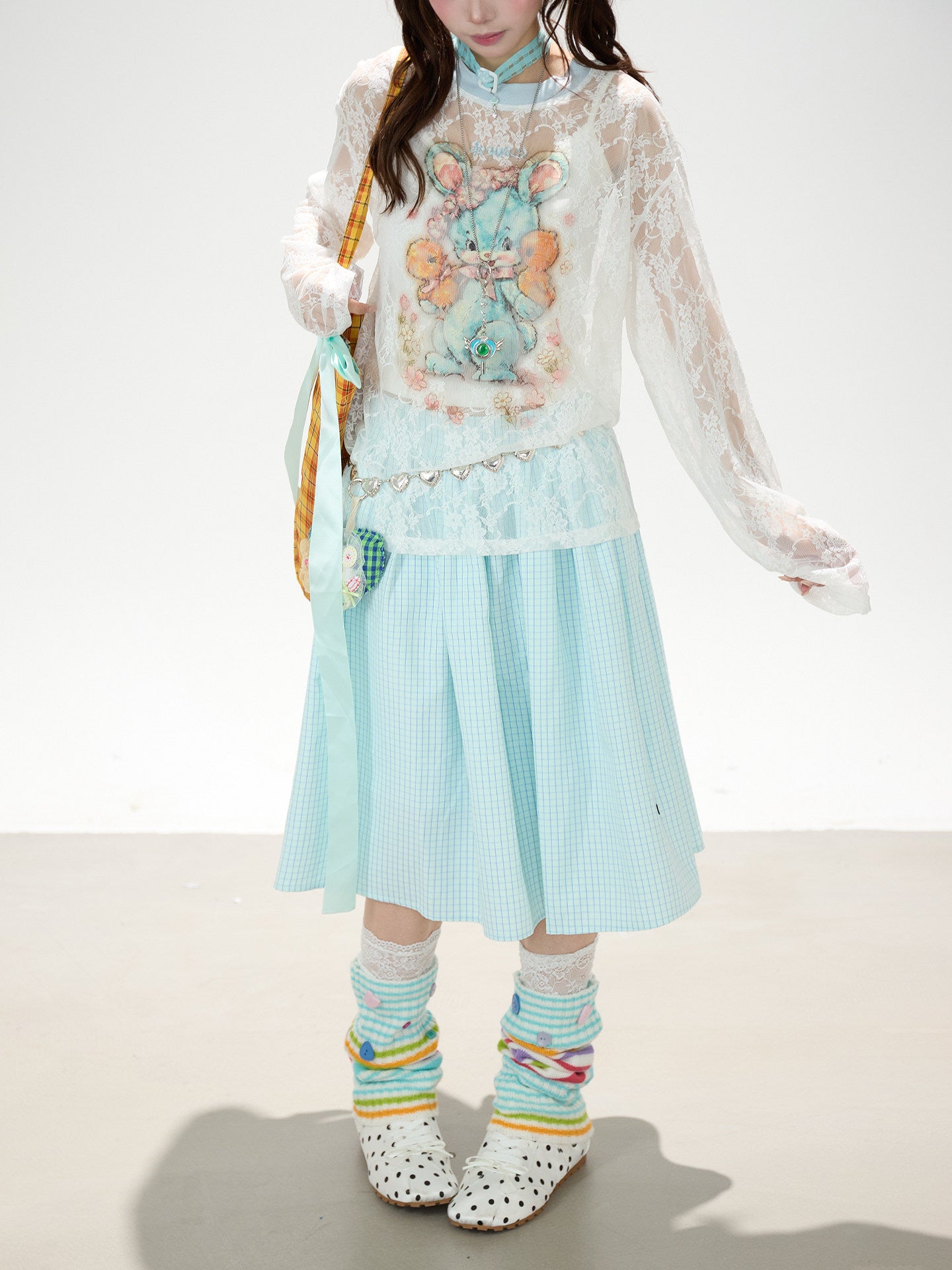 Bunny Sheer Lace Long Sleeve Top & Mint Plaid A-Line Skirt