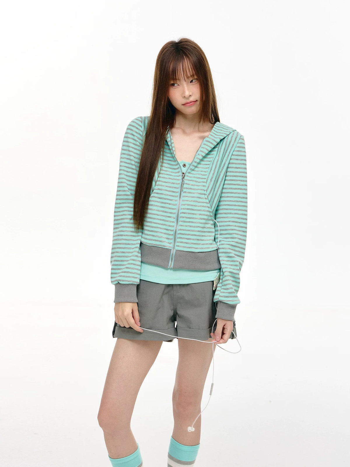 Mint Stripe Devil-Horn Zip-Up Hoodie