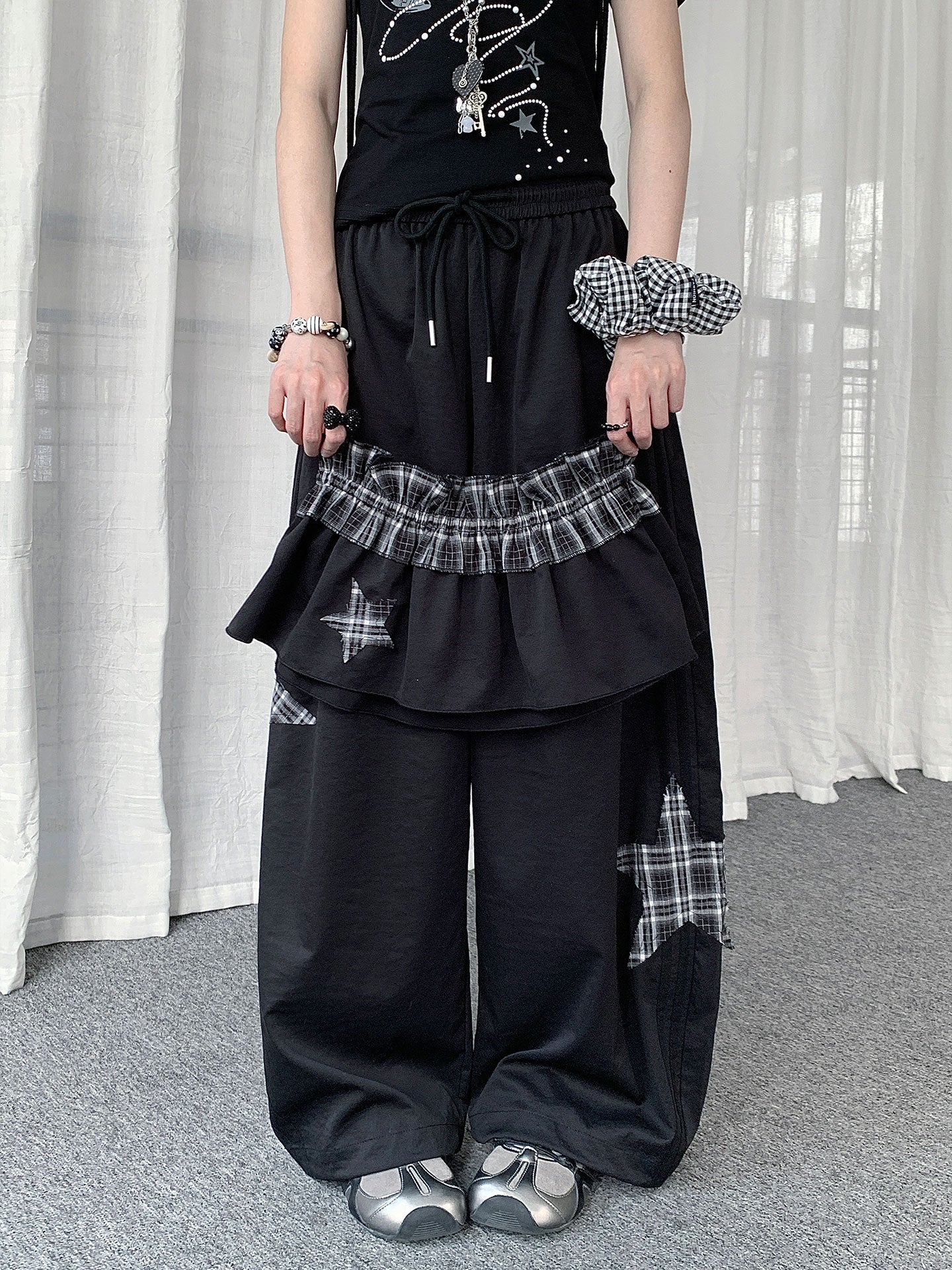 Star Patch Layered Overskirt Wide-Leg Pants Set