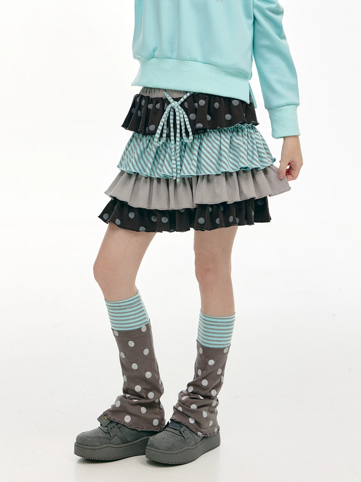 Gray Green Polka Dot & Stripe Tiered Mini Skirt