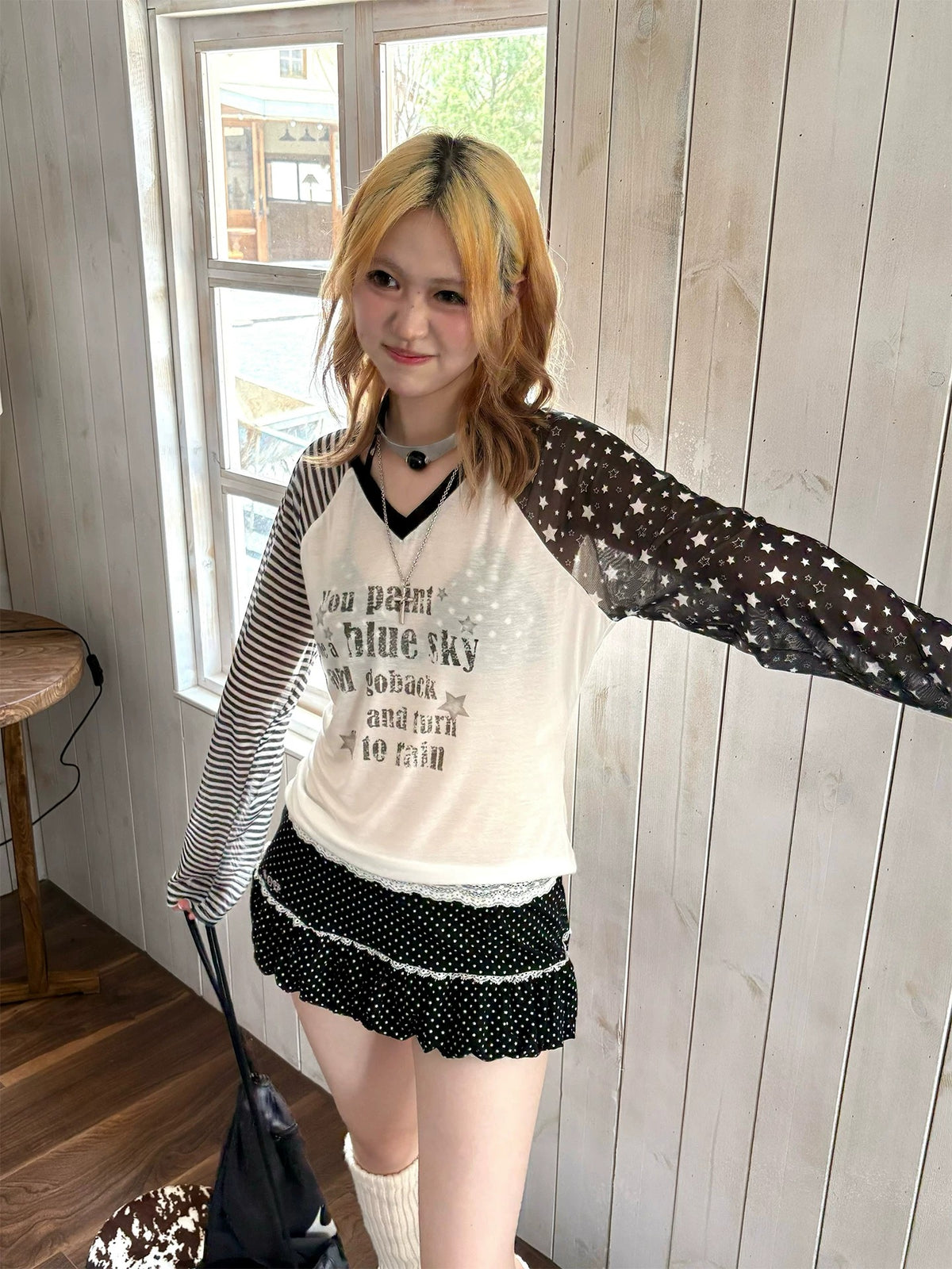Star Mesh Stripe Contrast Lyocell Long Sleeve Top