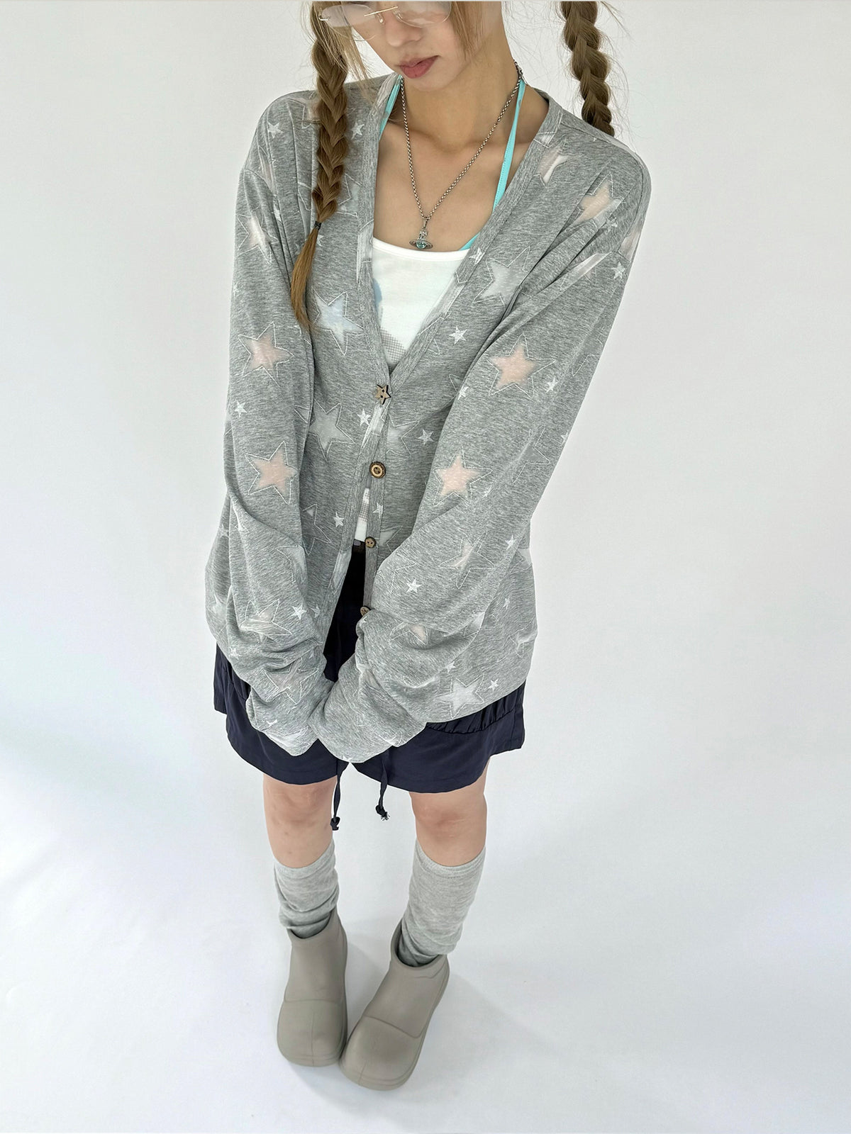 Star Print Lightweight V-Neck Cardigan