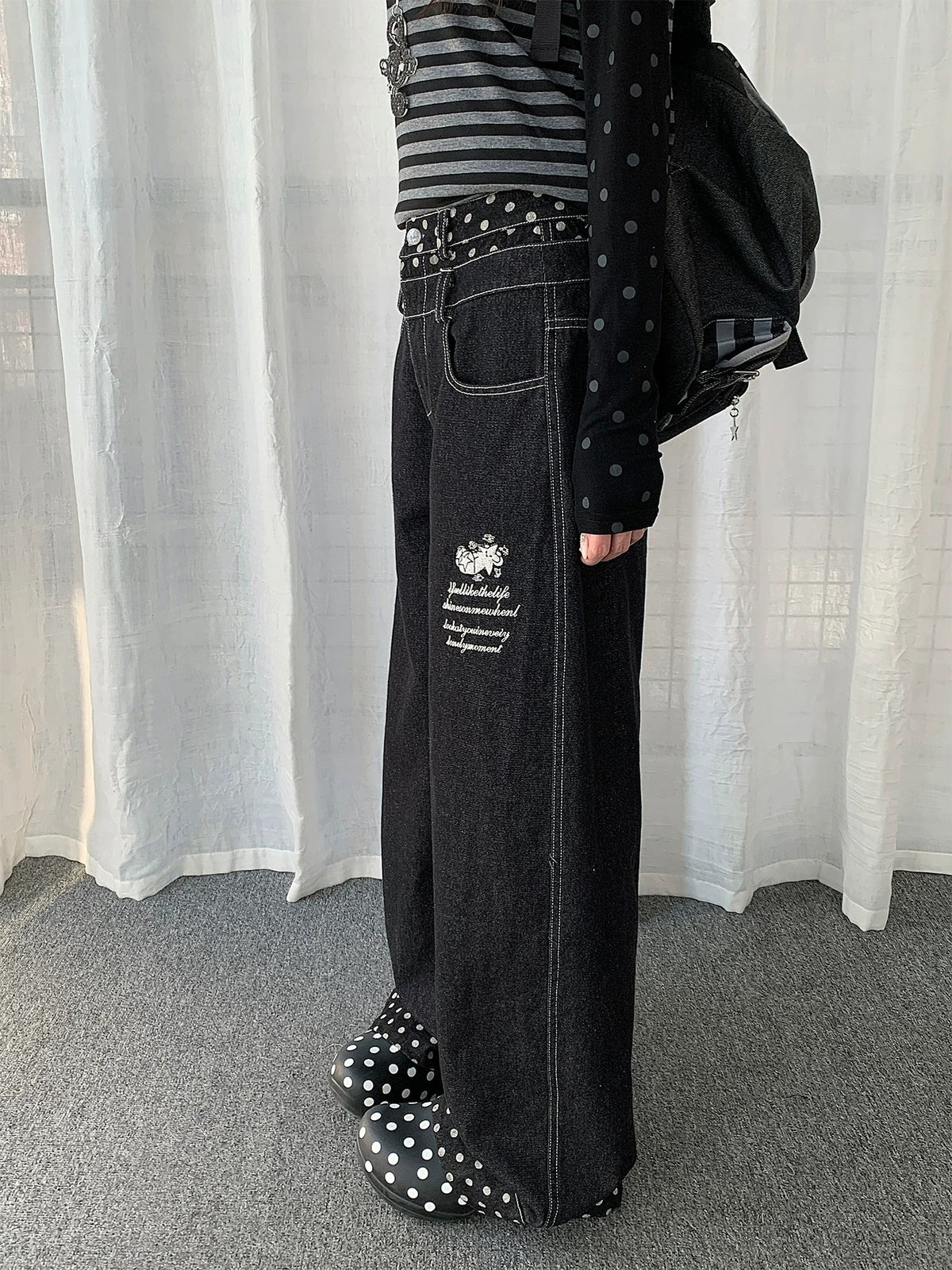 Polka-Dot Cuff Barrel-Leg Jeans