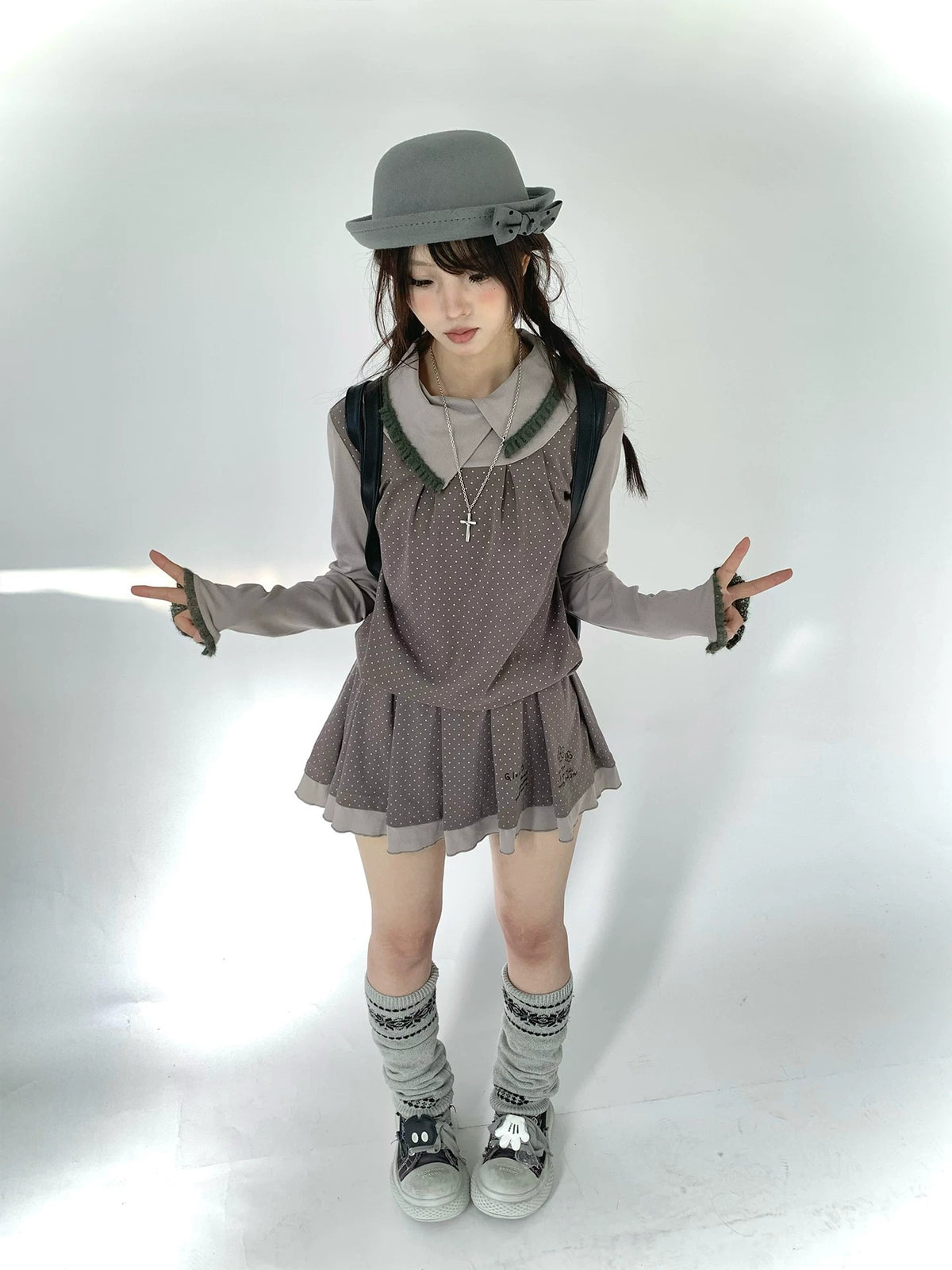 Gray Khaki Polka Dot Faux-Layer Pleated Mini Dress