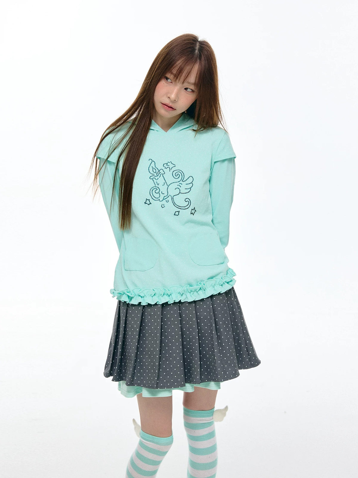 Rhinestone Graphic Faux-Layer Ruffle-Hem Hoodie