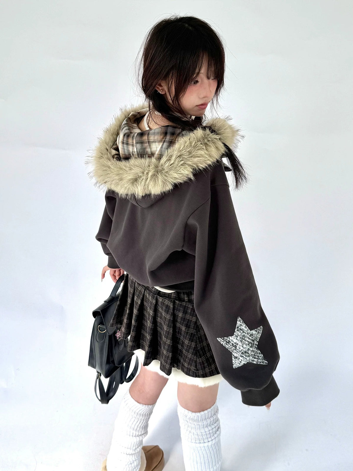 Brown Plaid Fuzzy-Trim Pleated Mini Skirt
