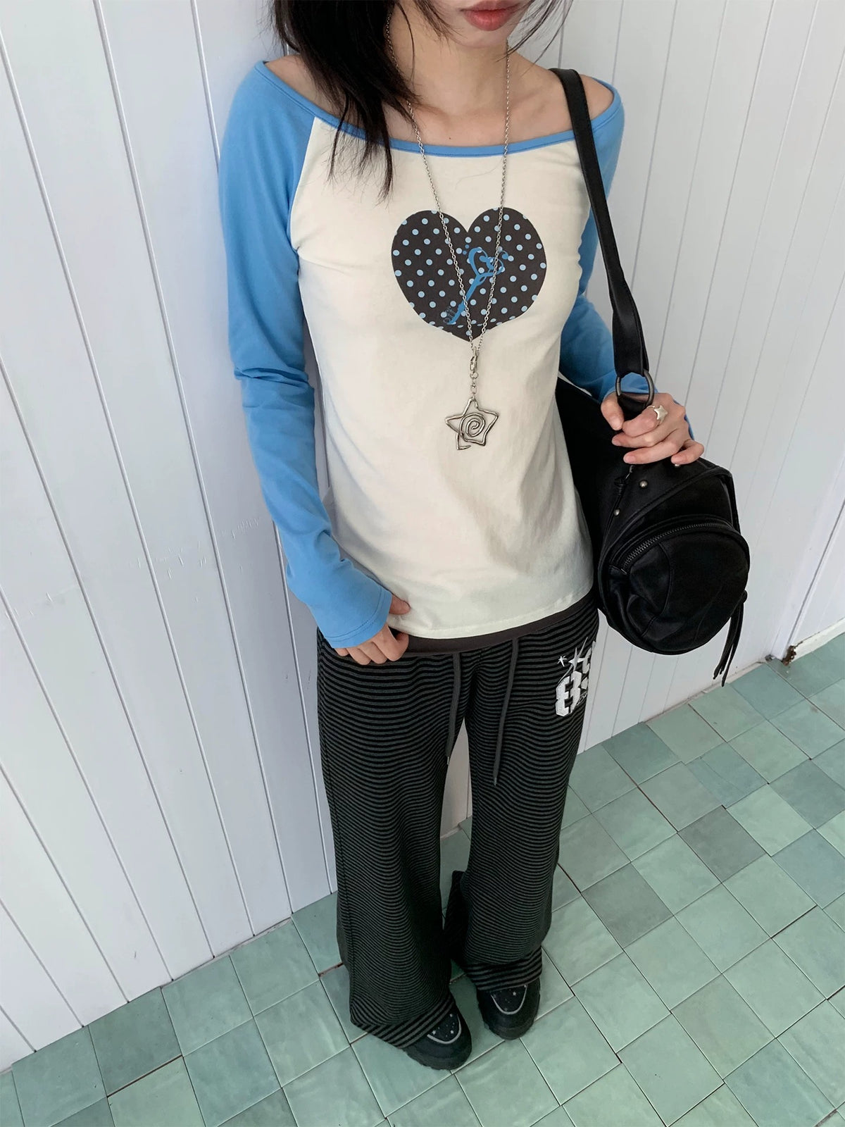 Polka Dot Heart Key Contrast Raglan Long Sleeve Tee