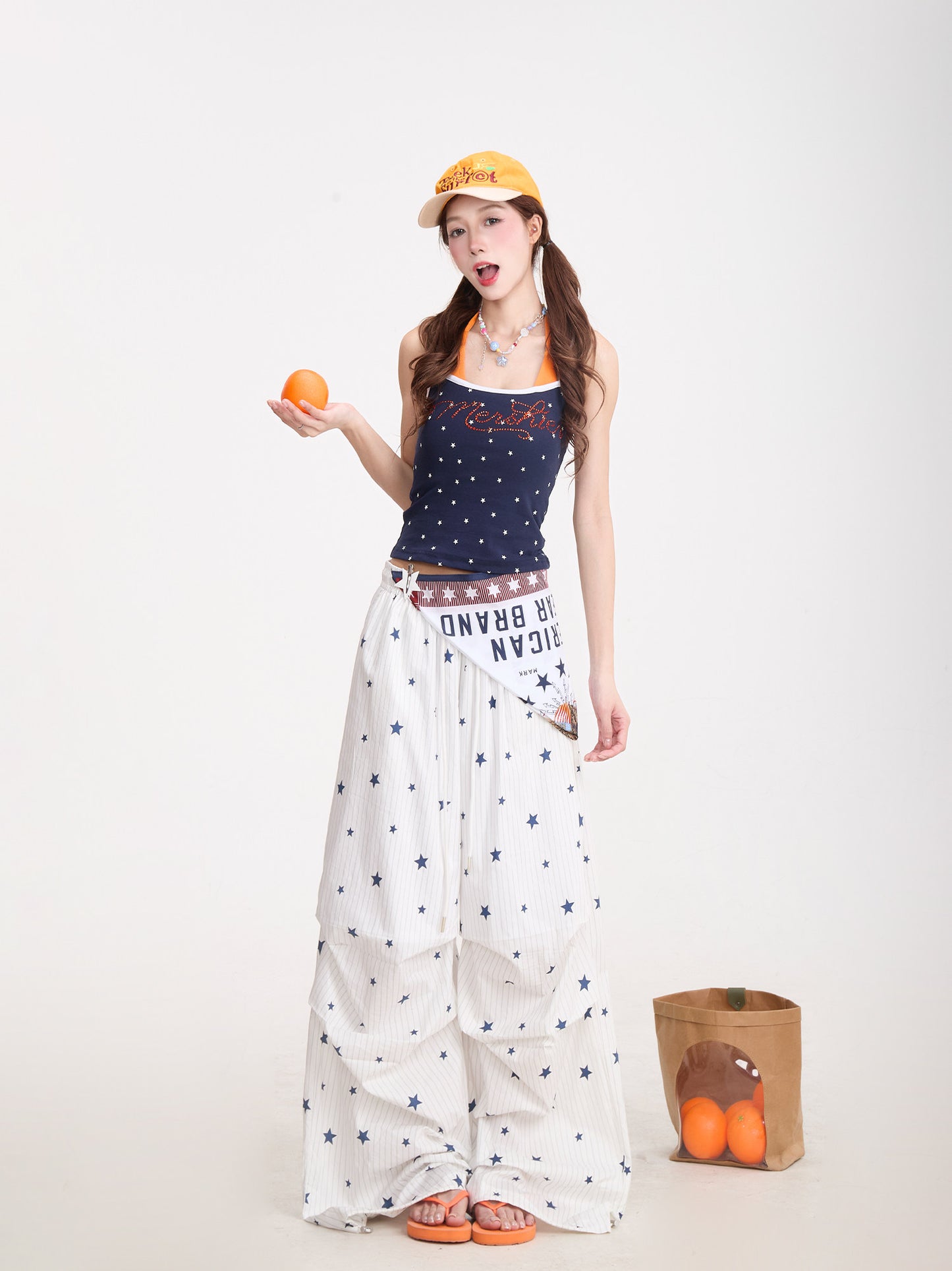 Starry Rhinestone Halter Cami & Plaid Wide-Leg Pants
