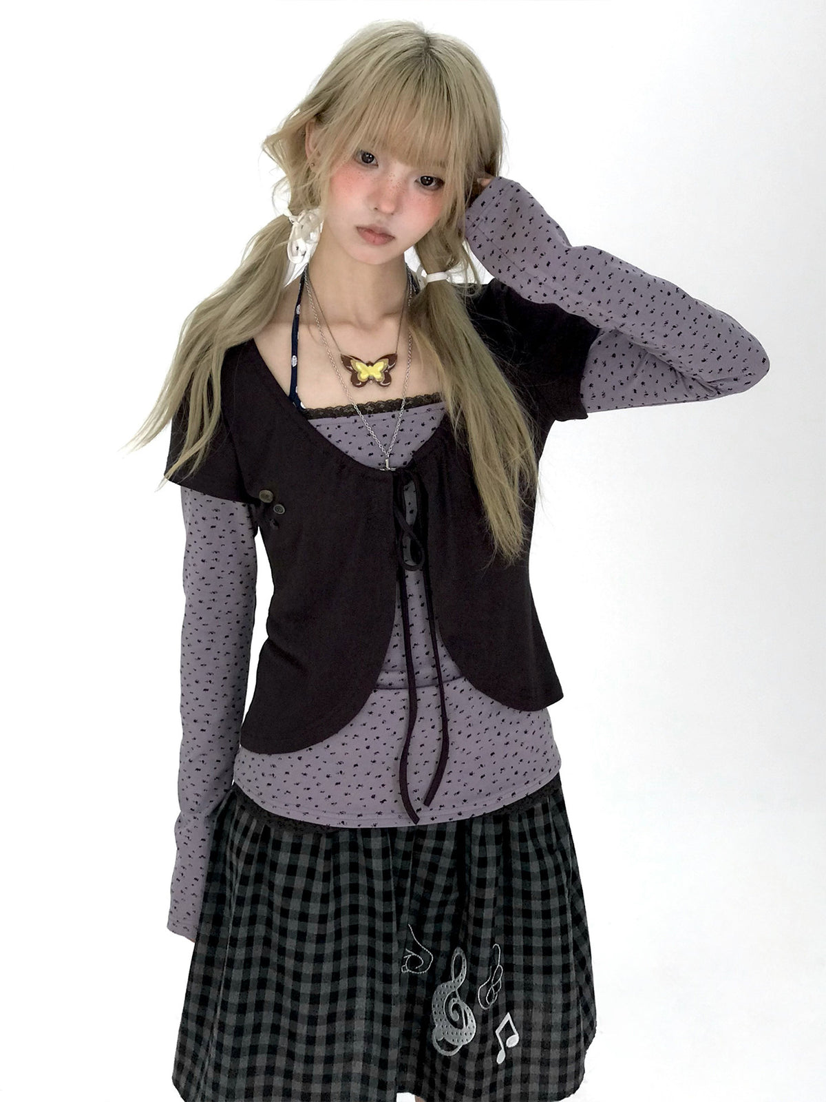 Striped Polka Dot Faux-Layered Button Long Sleeve Top