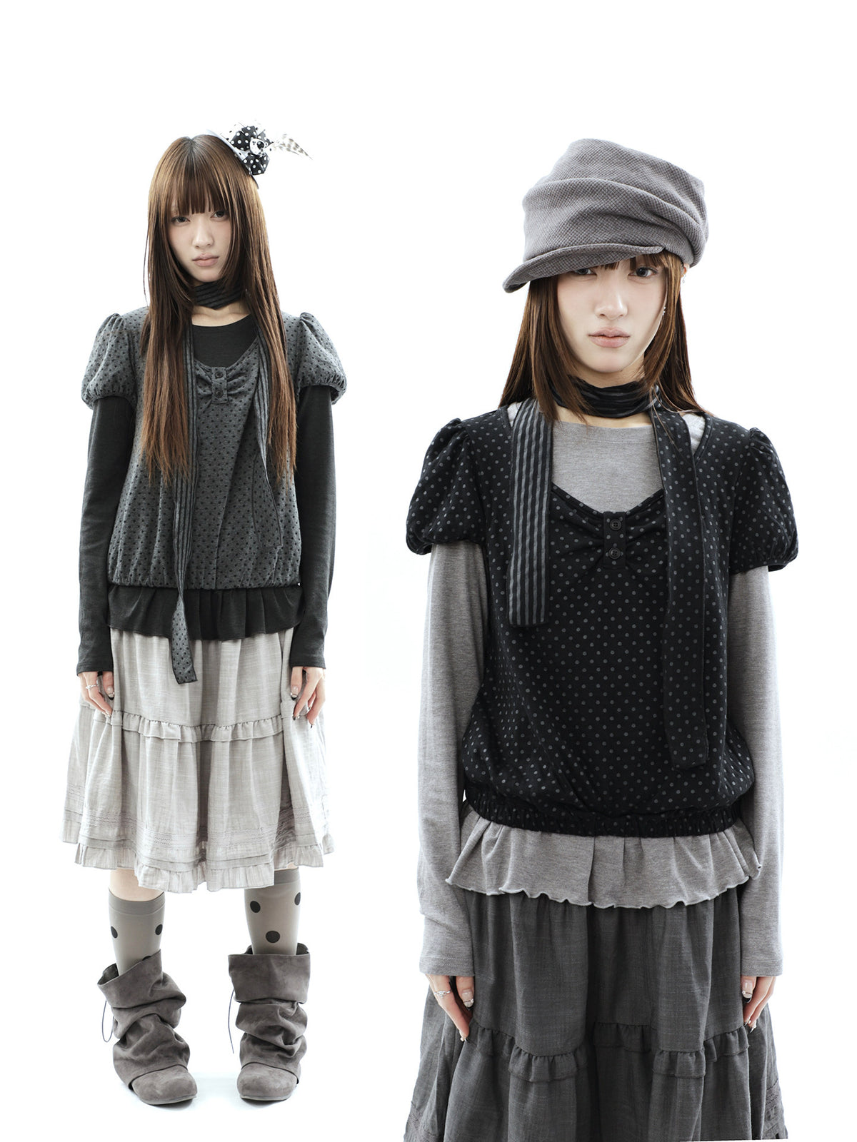Polka Dot Layered Two-Piece Top Set with Scarf
