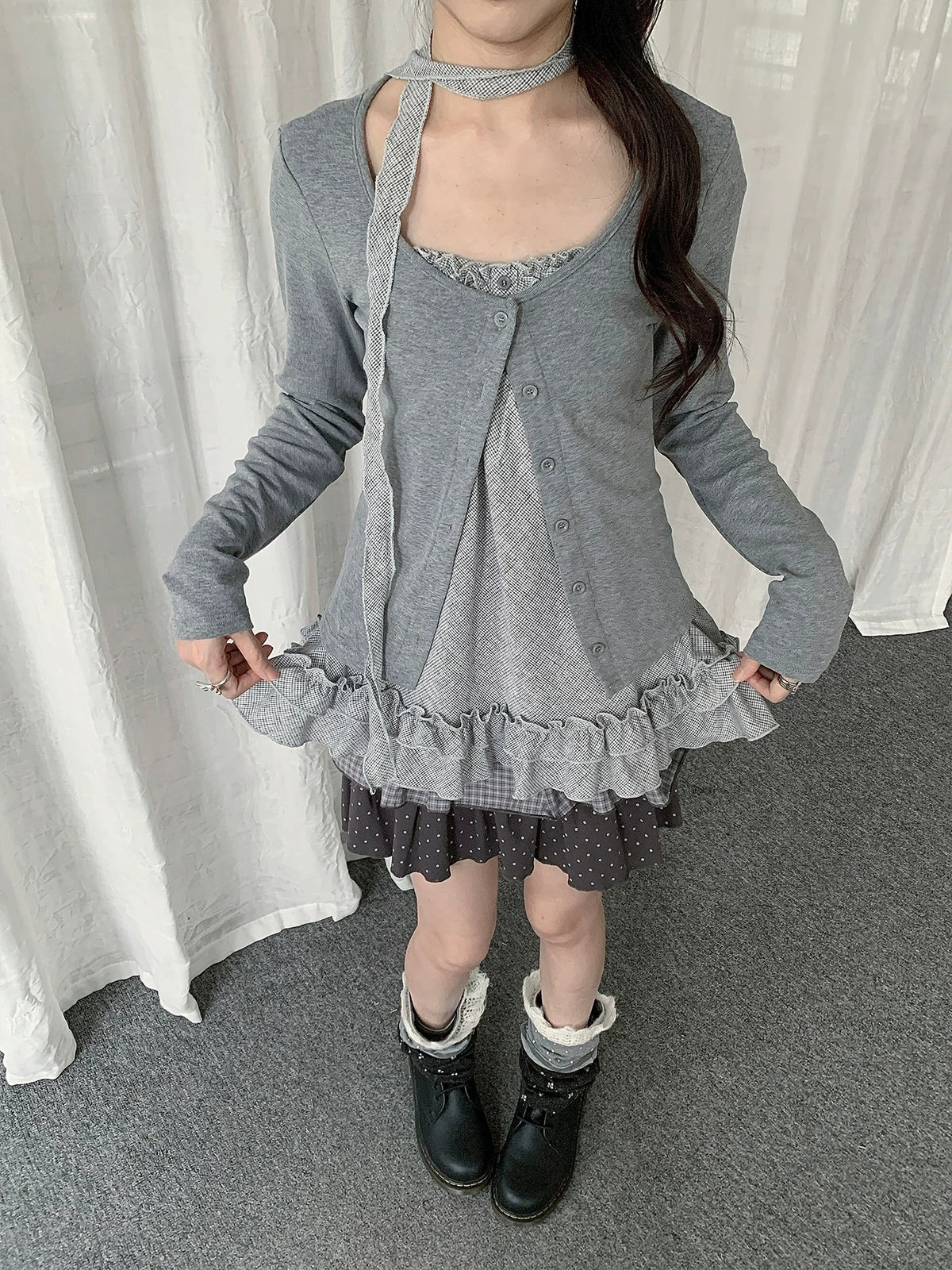 Ruffle Cami & Soft Cardigan Two-Piece Layered Top Set