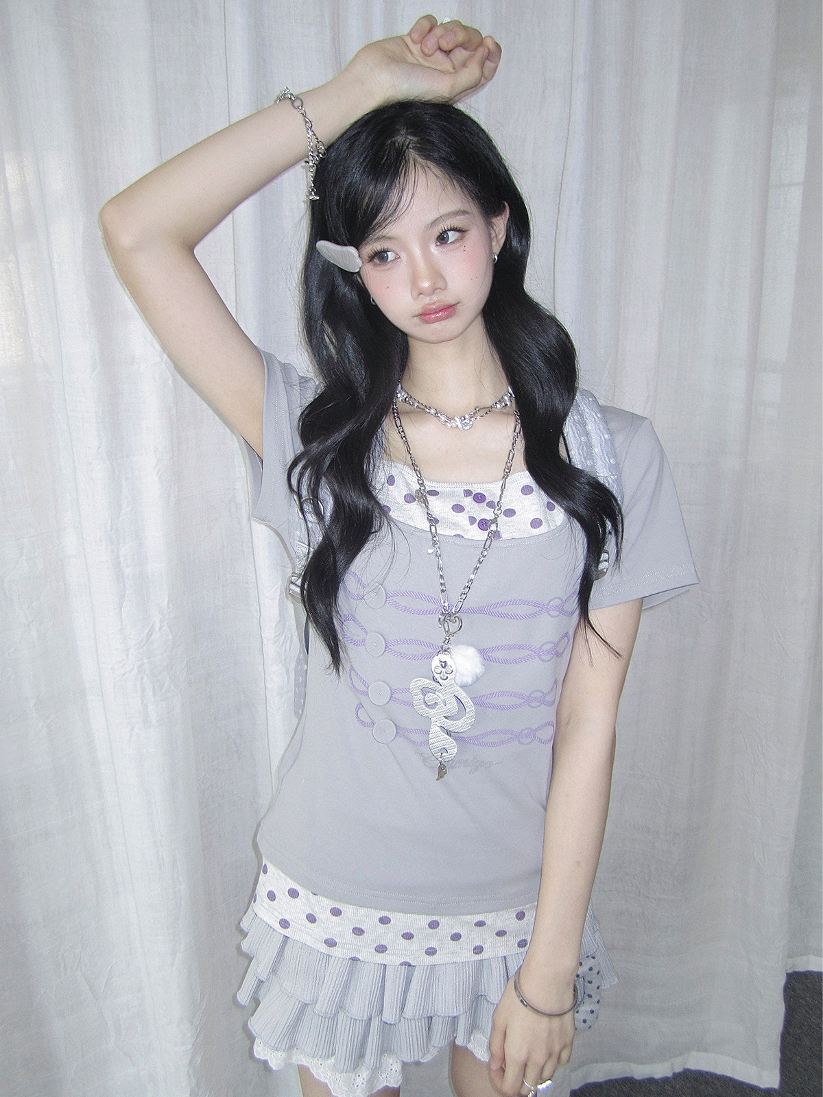 Lilac Polka Dot Faux-Layer Fitted Tee
