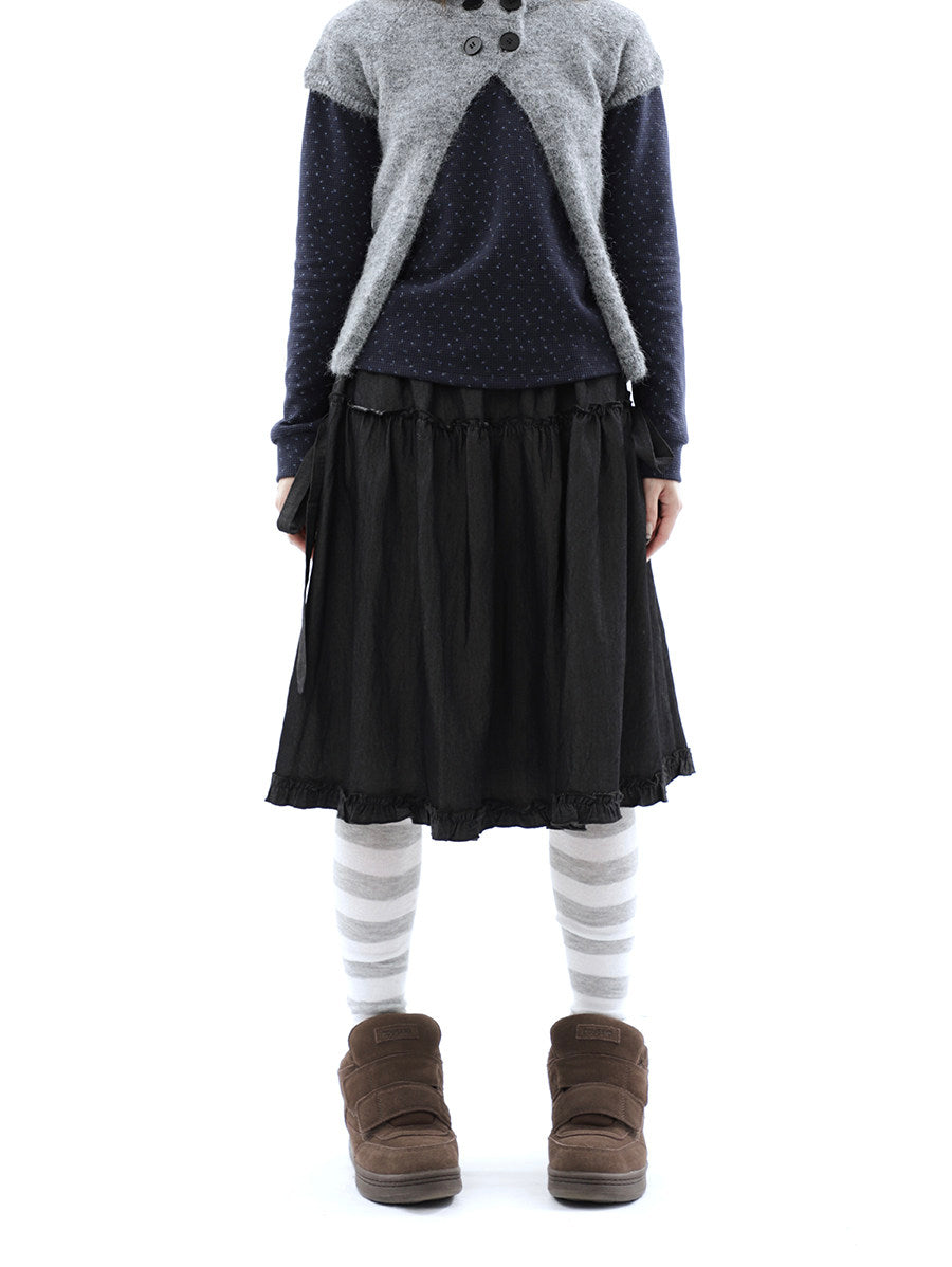 Washed Black Ruffle-Tiered Denim Midi Skirt