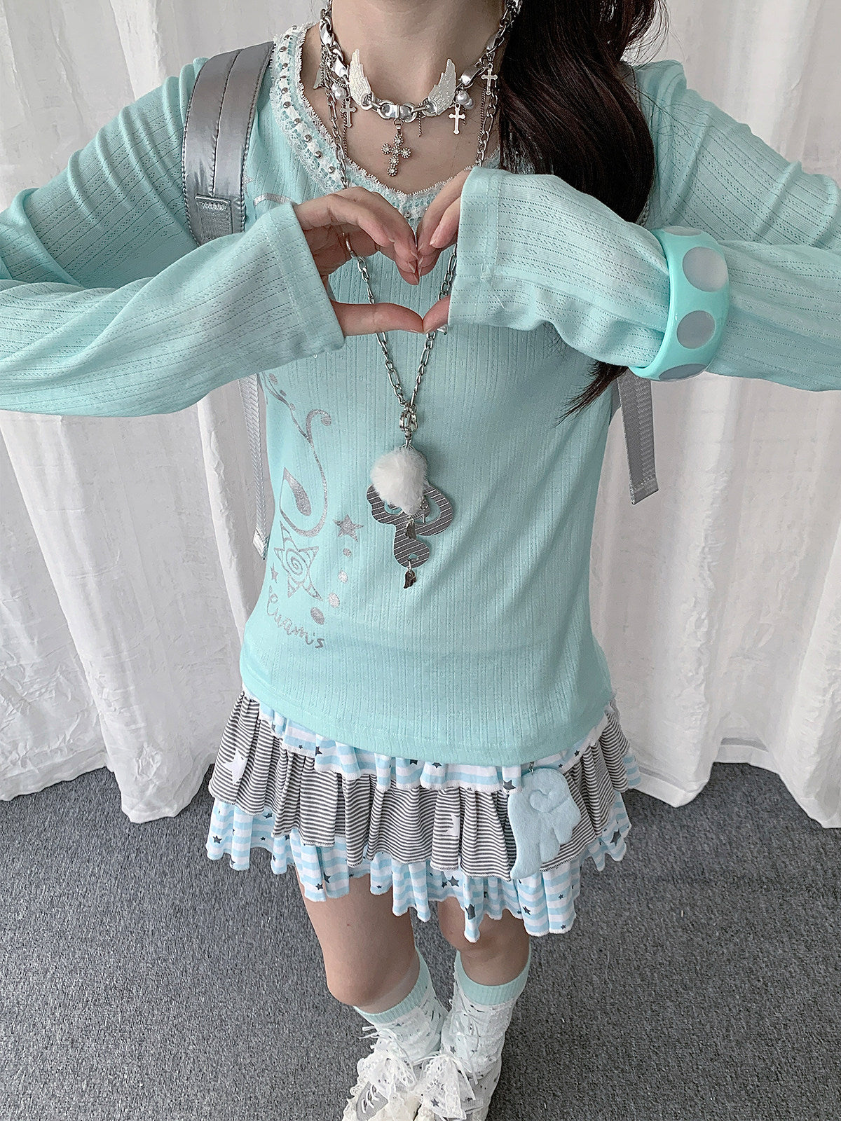 Mint Melody Lace-Trim Studded Long-Sleeve Top