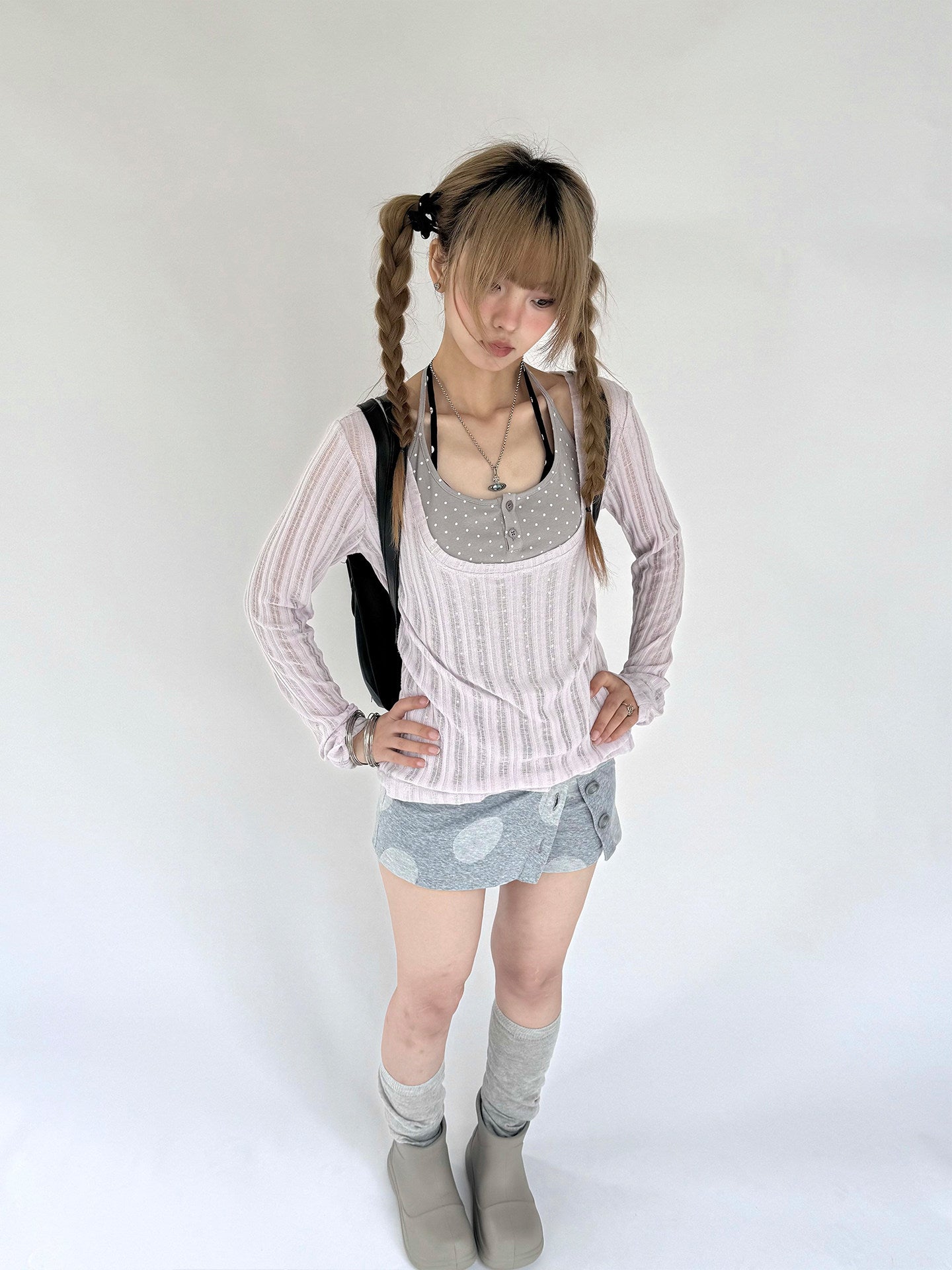 Wisteria Open-Knit Faux-Layer Long Sleeve Top